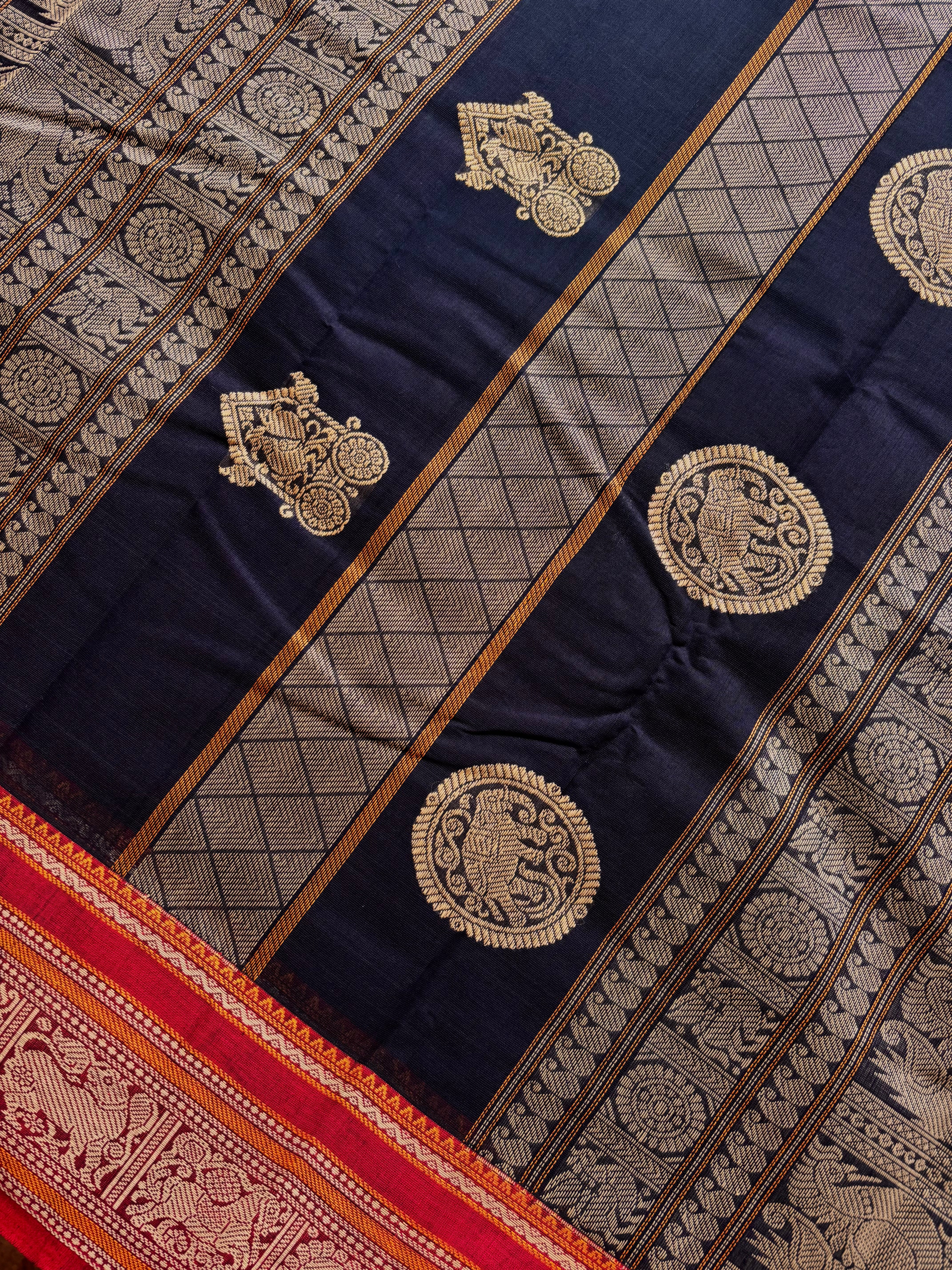 Handwoven Dark Navy Cotton Kanchipuram Saree