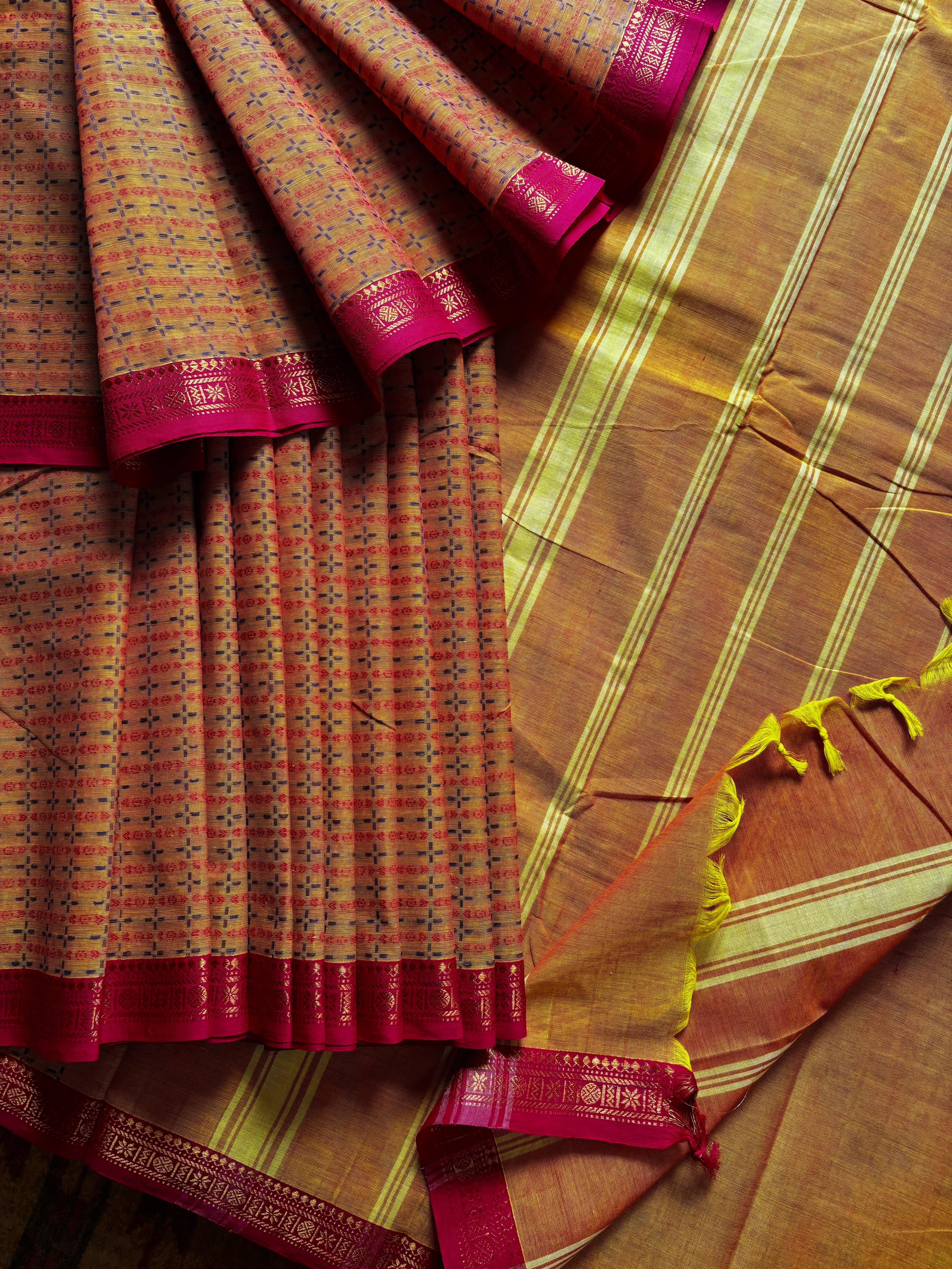 Pure Cotton Yellow Pink Kanchipuram Saree