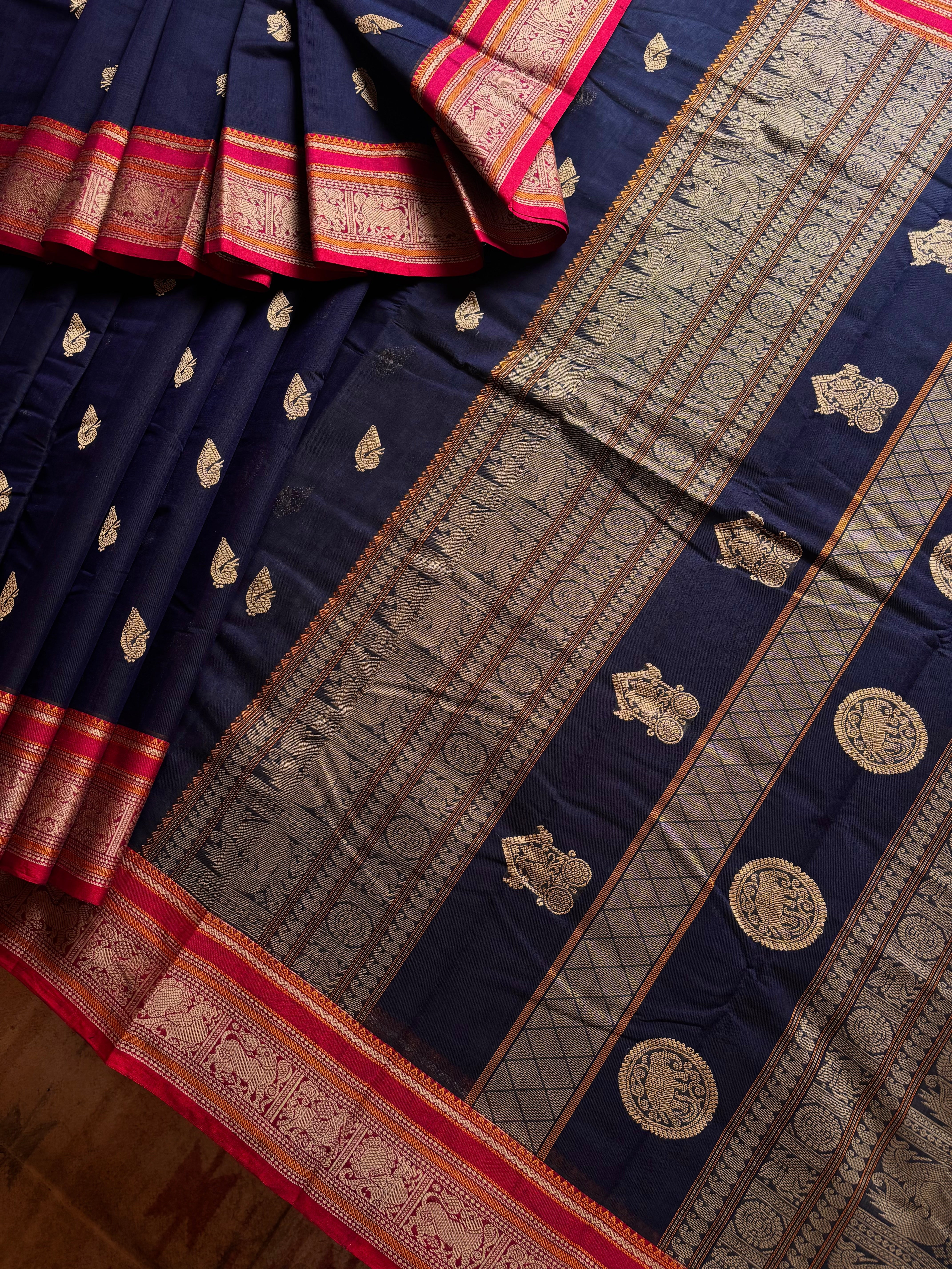 Handwoven Dark Navy Cotton Kanchipuram Saree