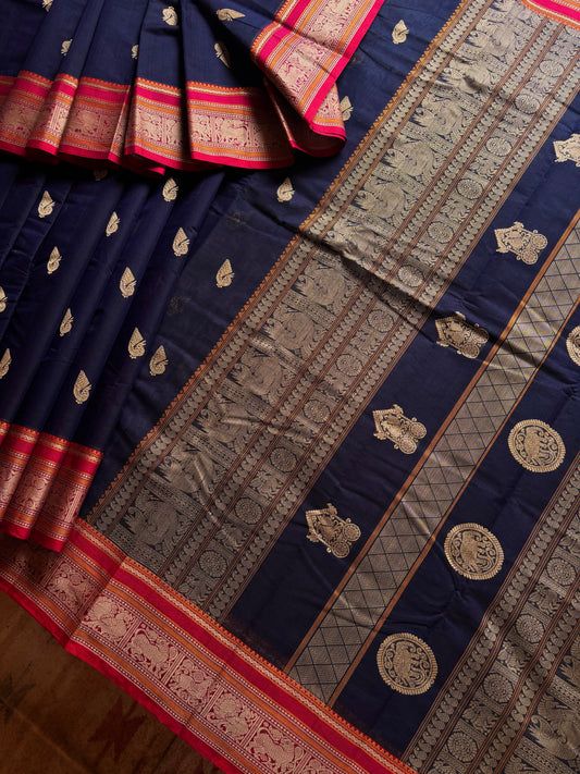 Handwoven Dark Navy Cotton Kanchipuram Saree