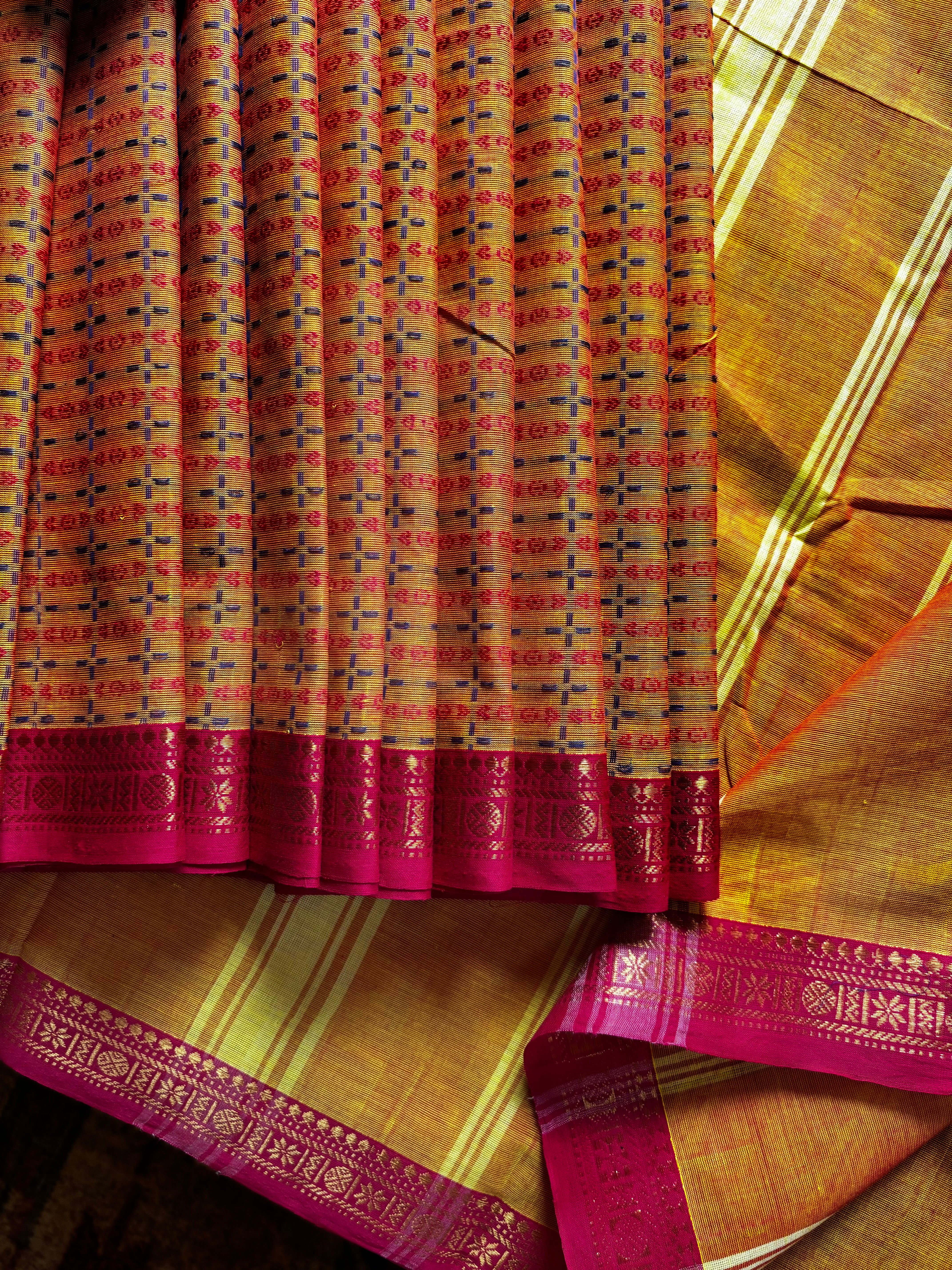 Pure Cotton Yellow Pink Kanchipuram Saree