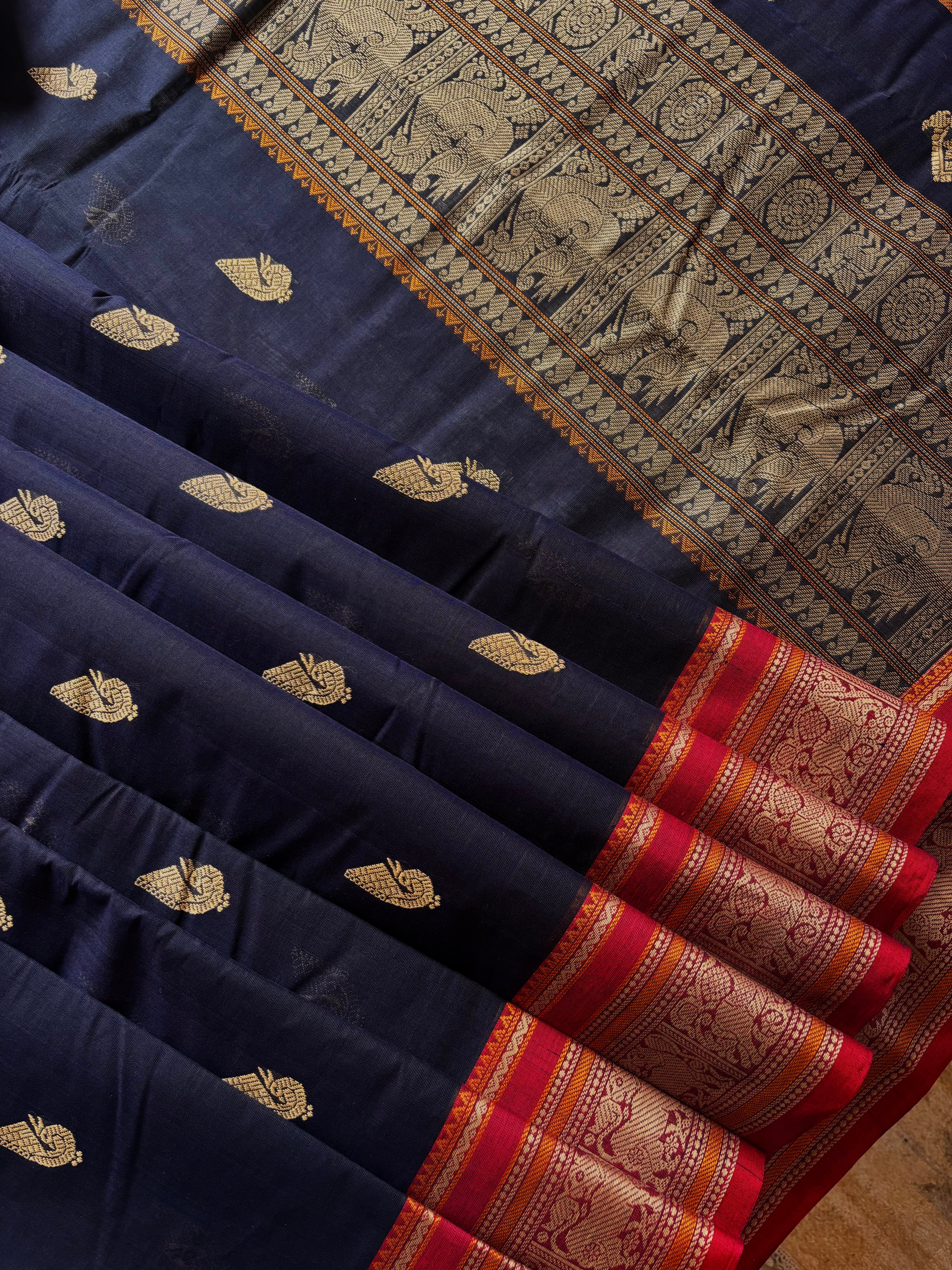 Handwoven Dark Navy Cotton Kanchipuram Saree