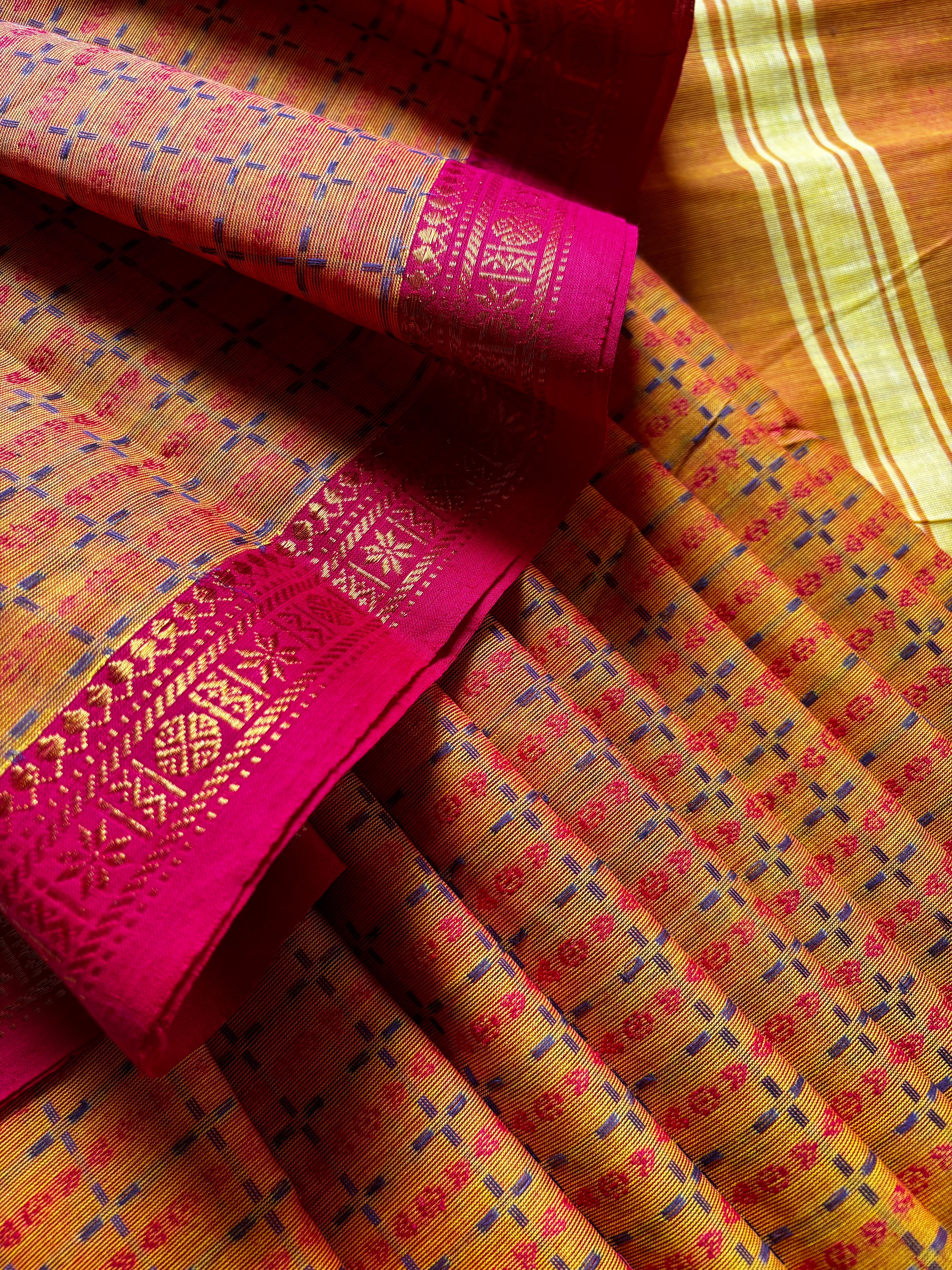 Pure Cotton Yellow Pink Kanchipuram Saree