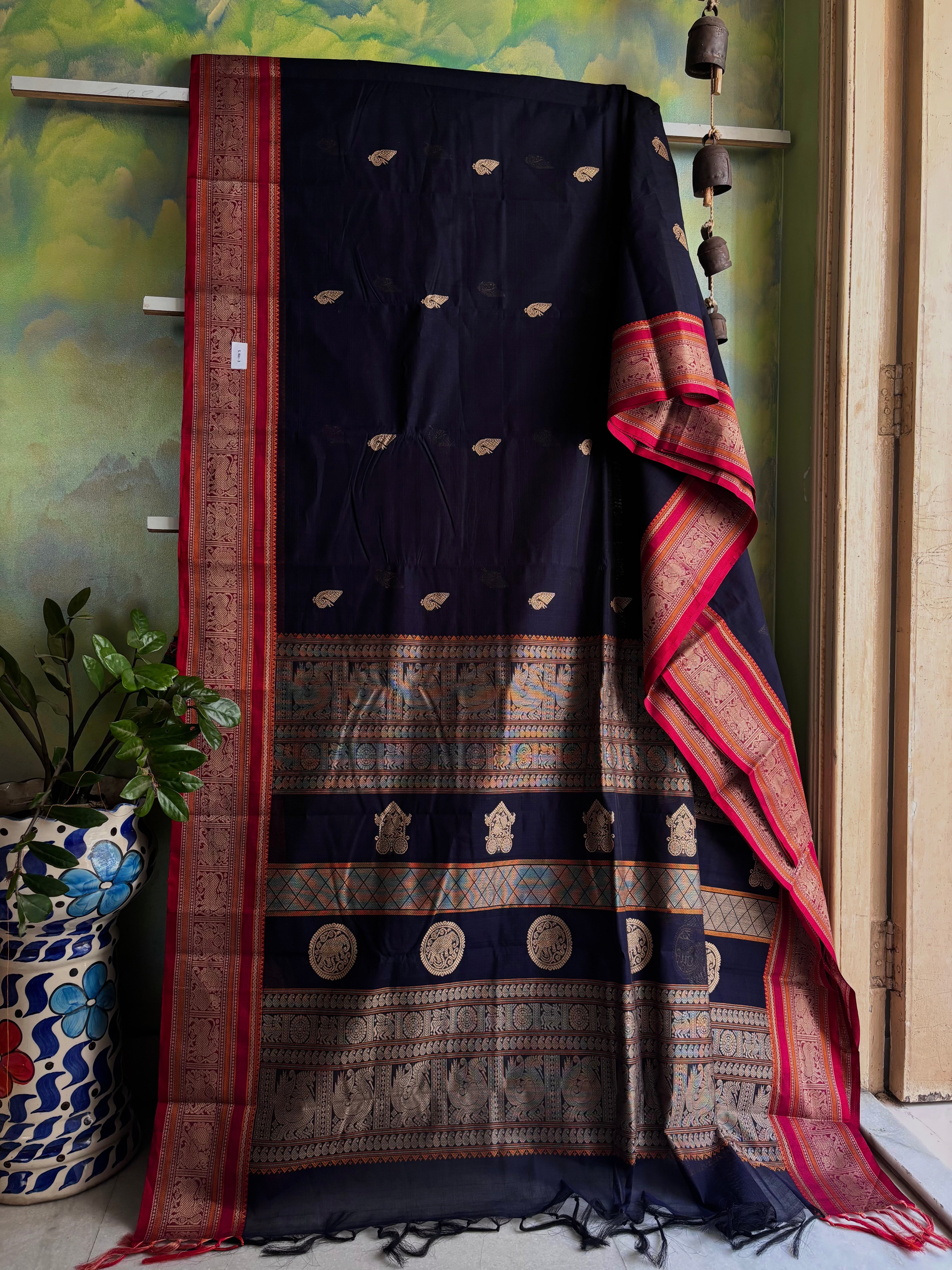 Handwoven Dark Navy Cotton Kanchipuram Saree