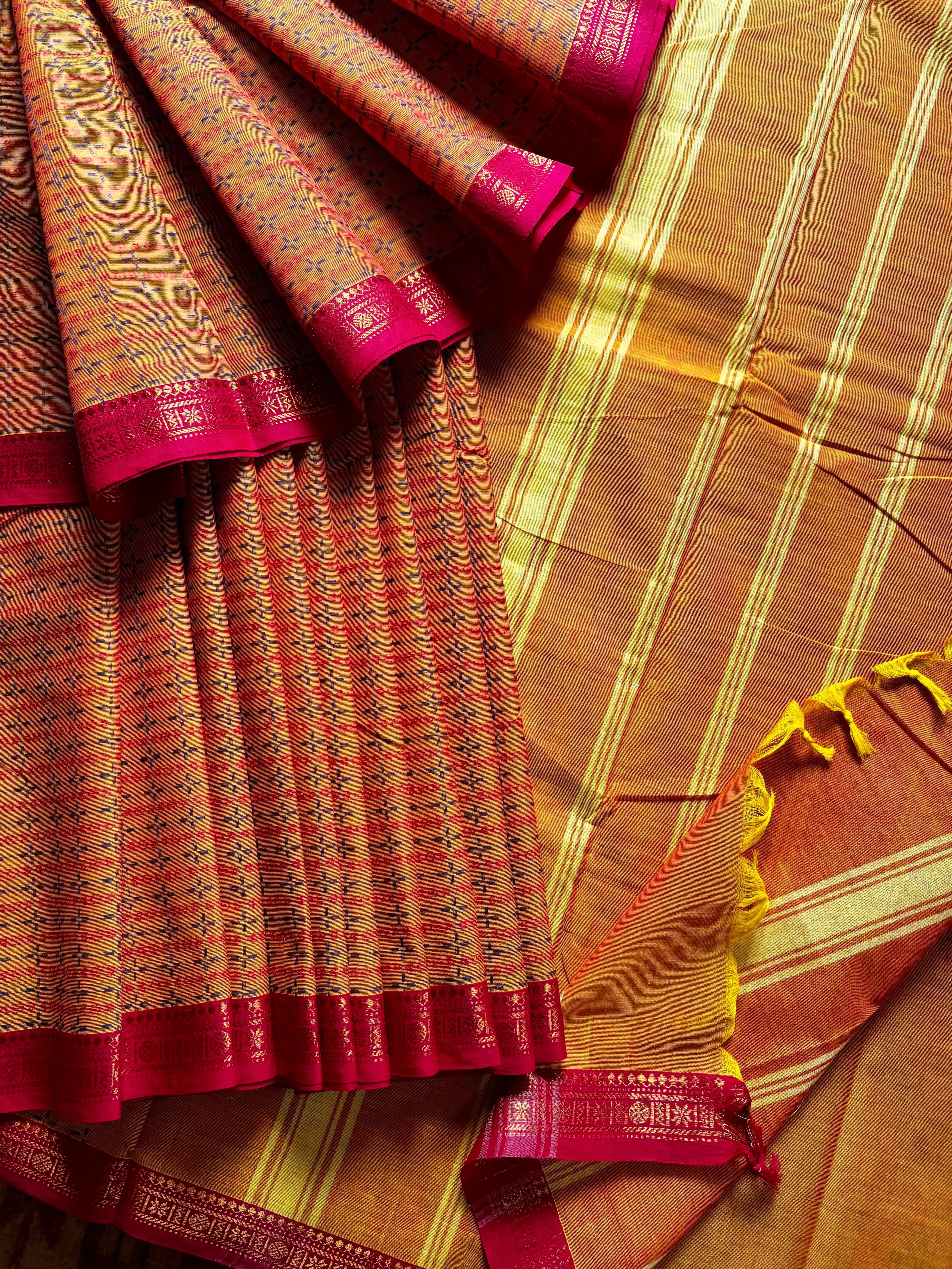 Pure Cotton Yellow Pink Kanchipuram Saree