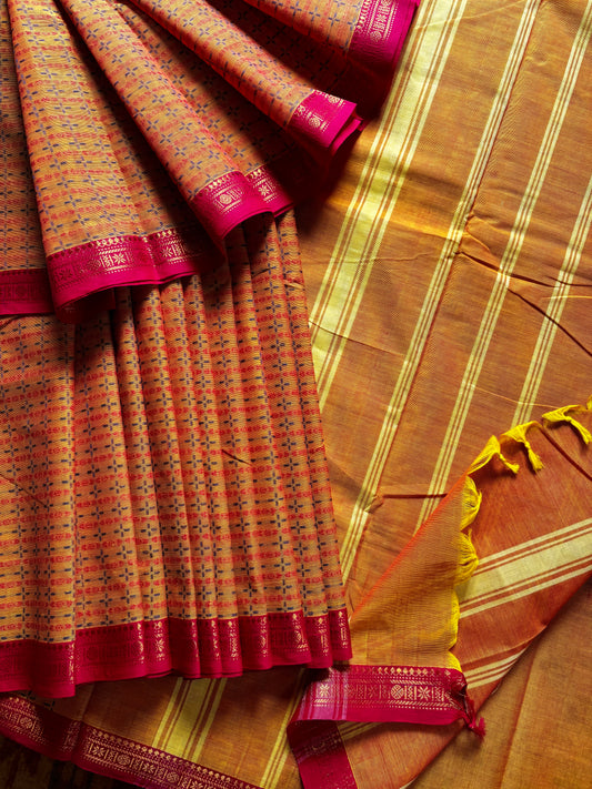 Pure Cotton Yellow Pink Kanchipuram Saree
