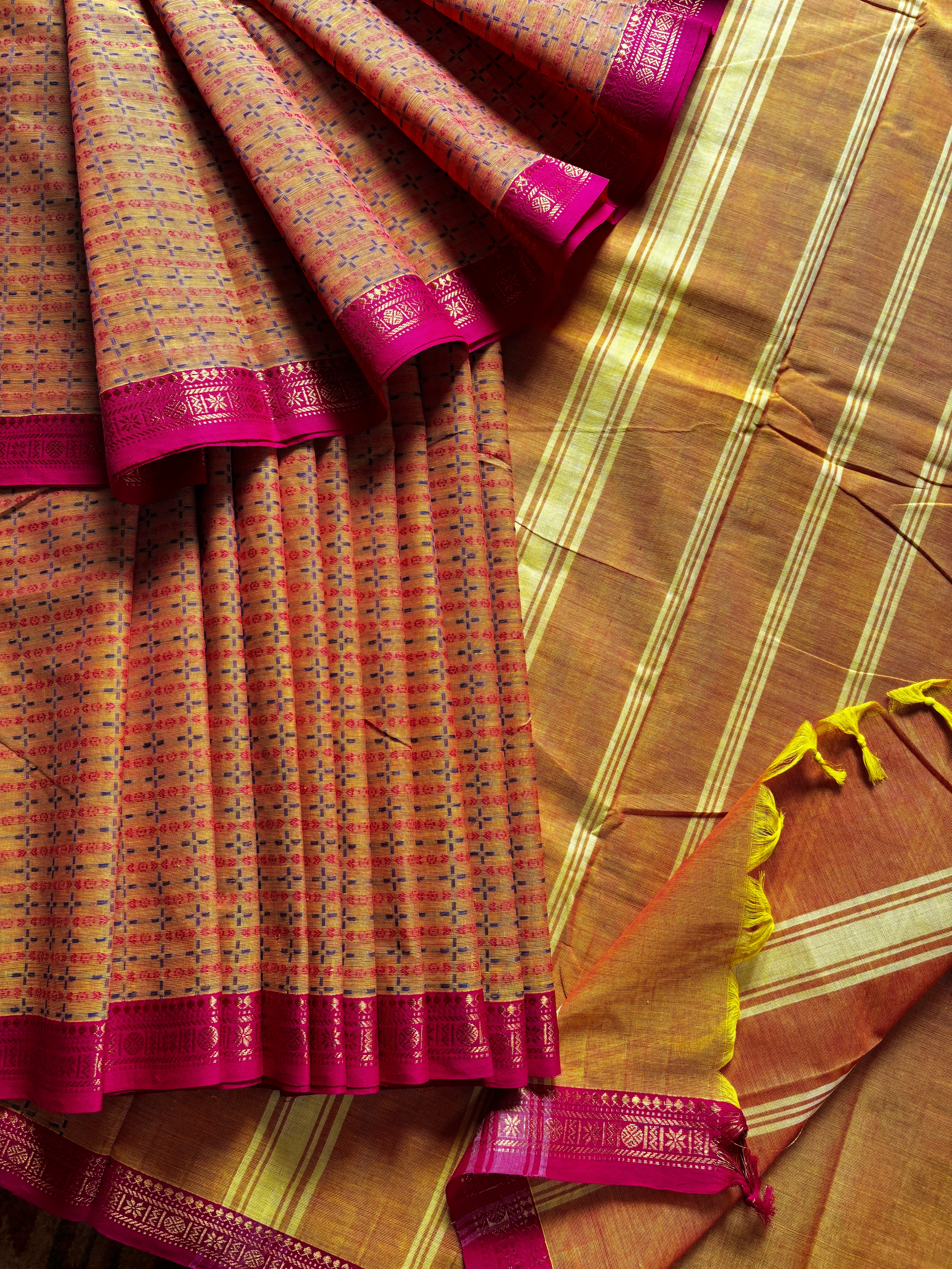 Pure Cotton Yellow Pink Kanchipuram Saree