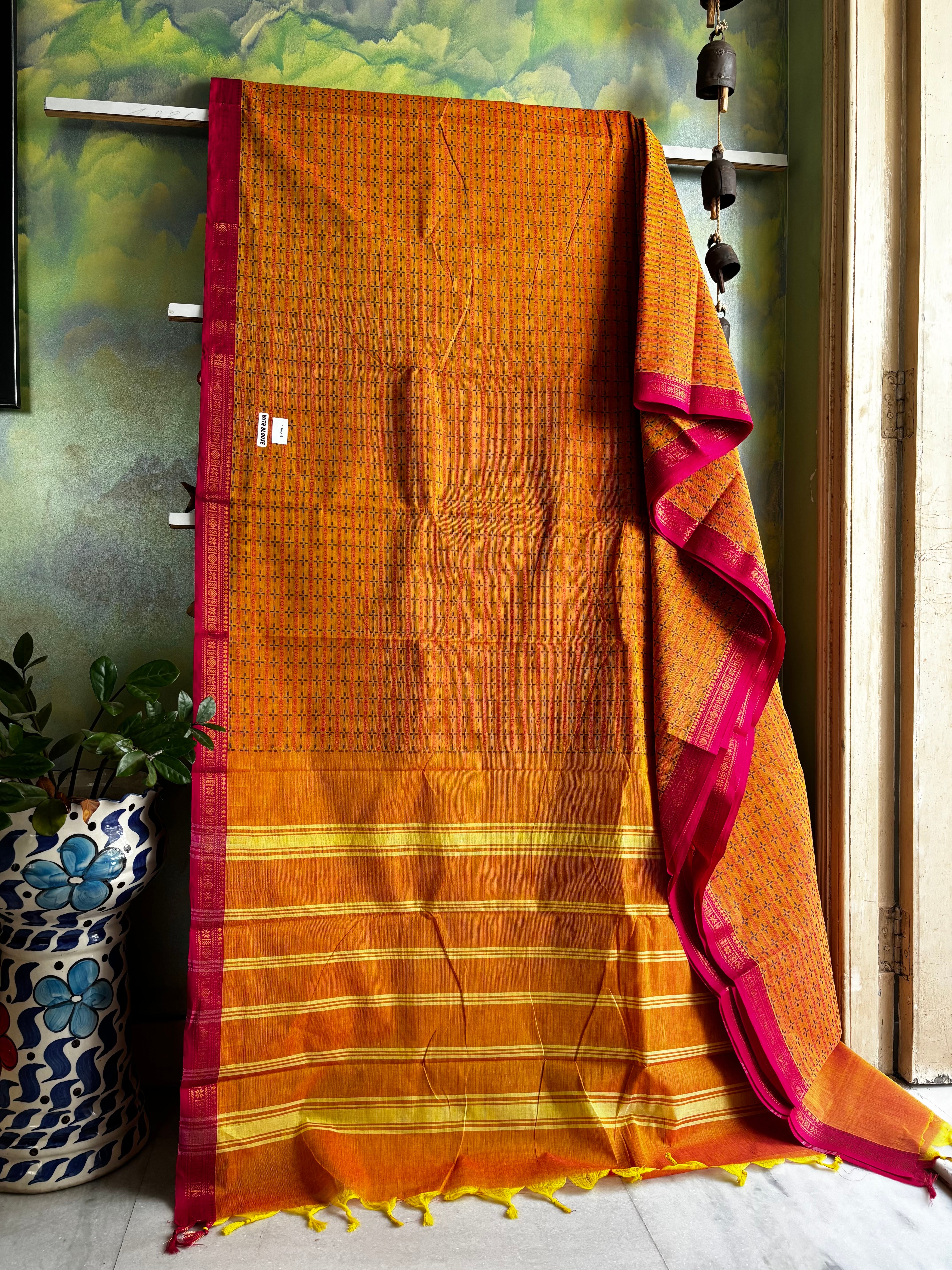 Pure Cotton Yellow Pink Kanchipuram Saree