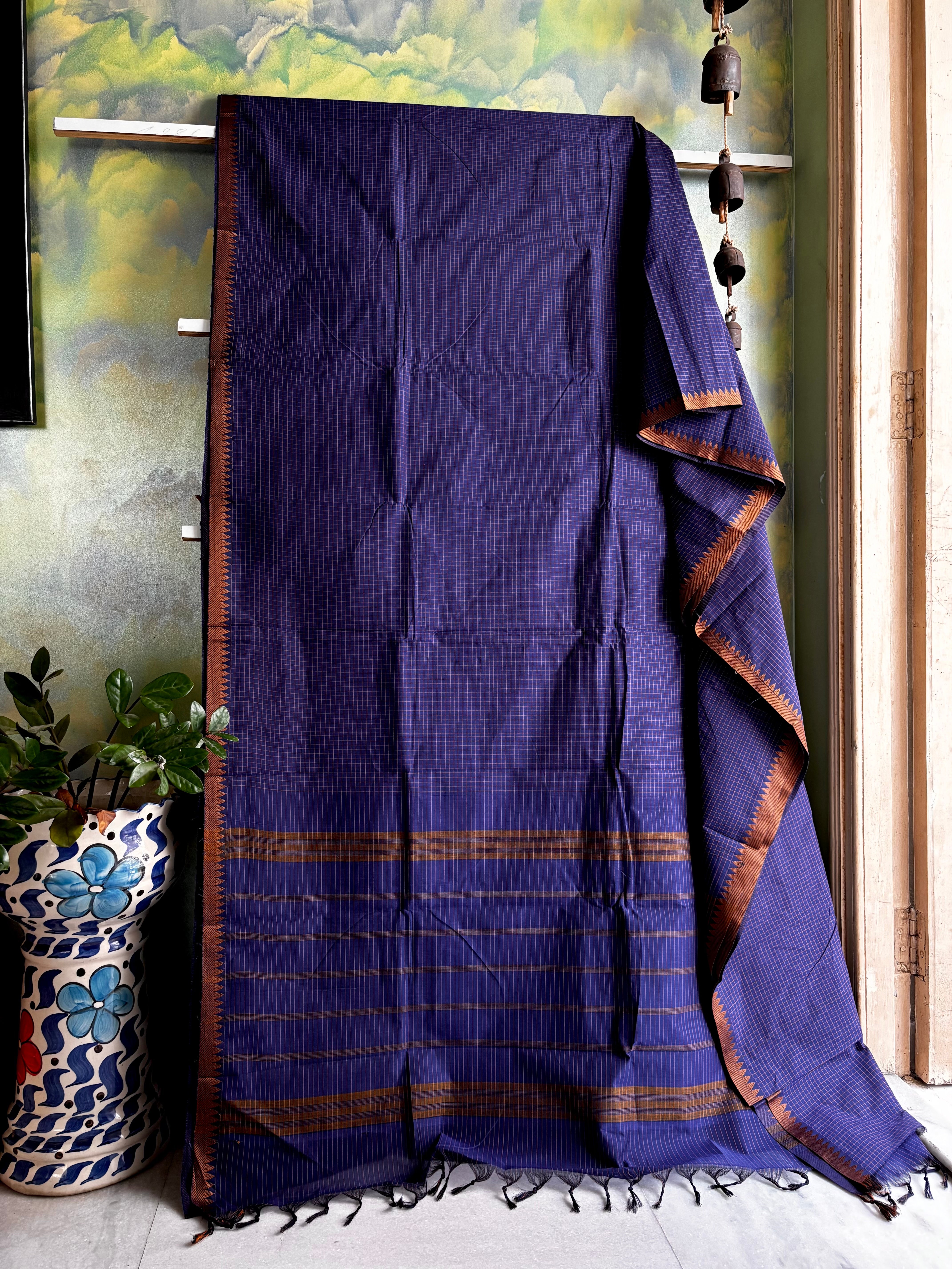 Pure Cotton Blue Beige Kanchipuram Saree