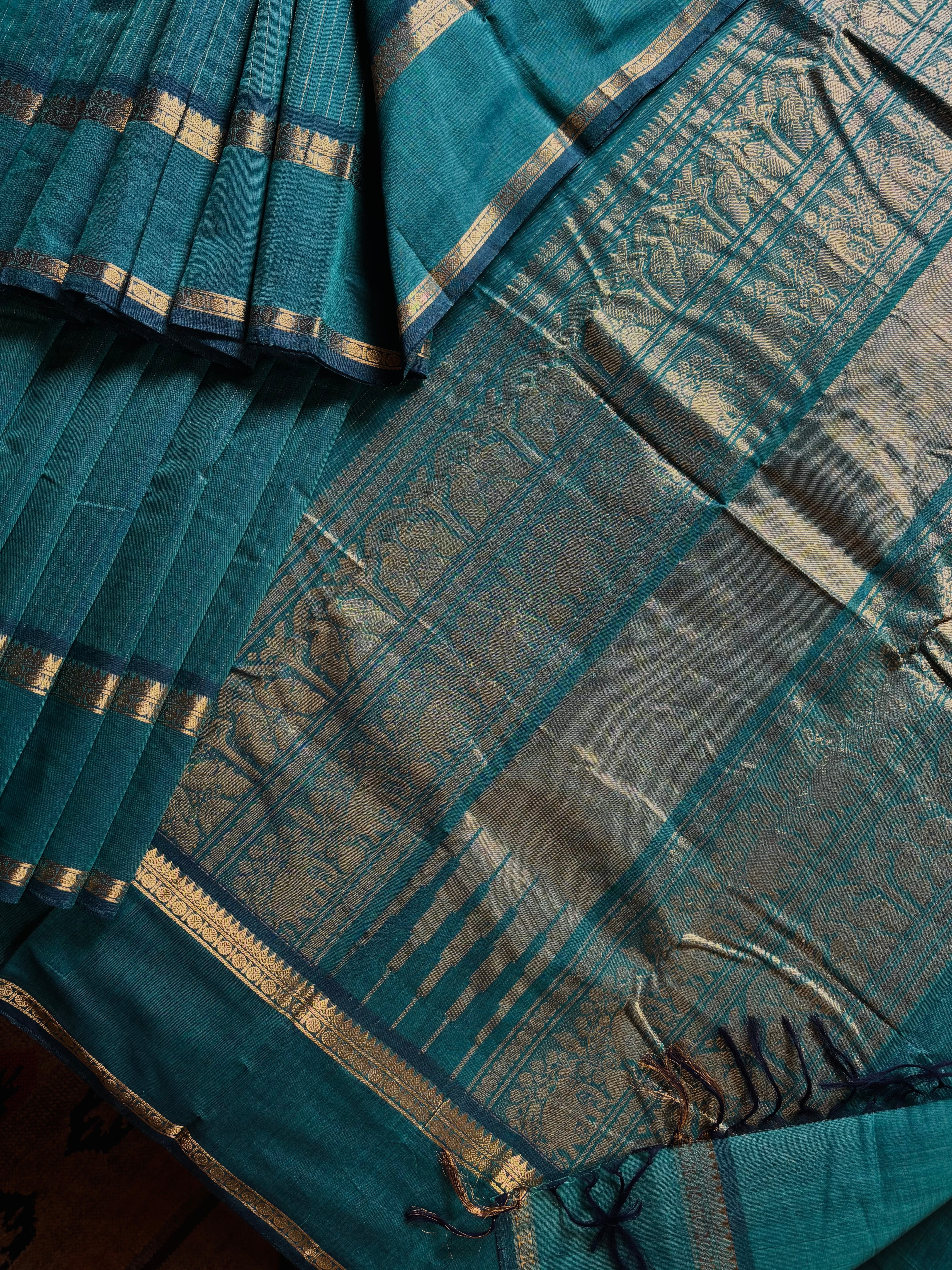 Handwoven Turquoise Green Colour Kanchipuram Cotton Saree