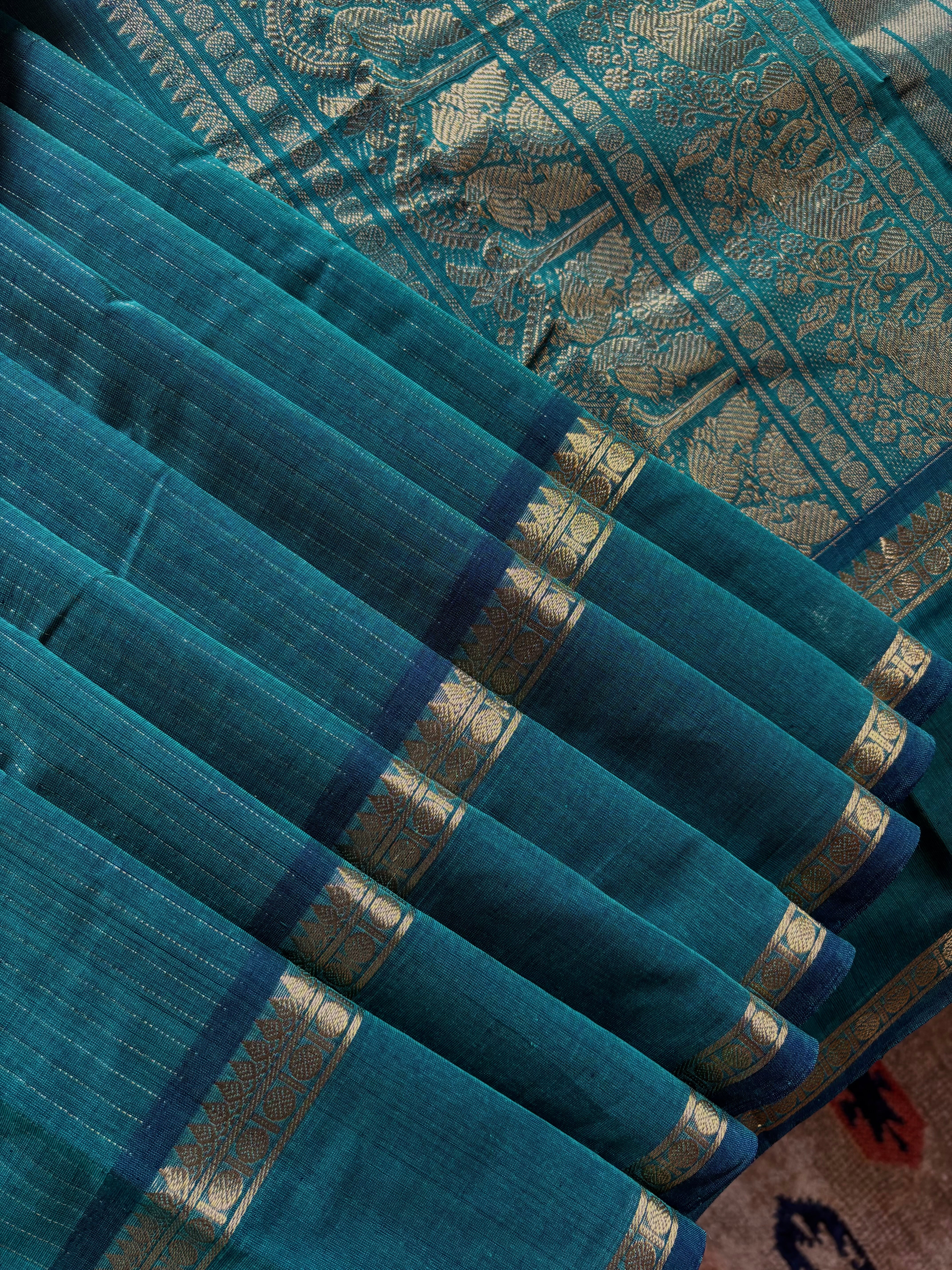 Handwoven Turquoise Green Colour Kanchipuram Cotton Saree