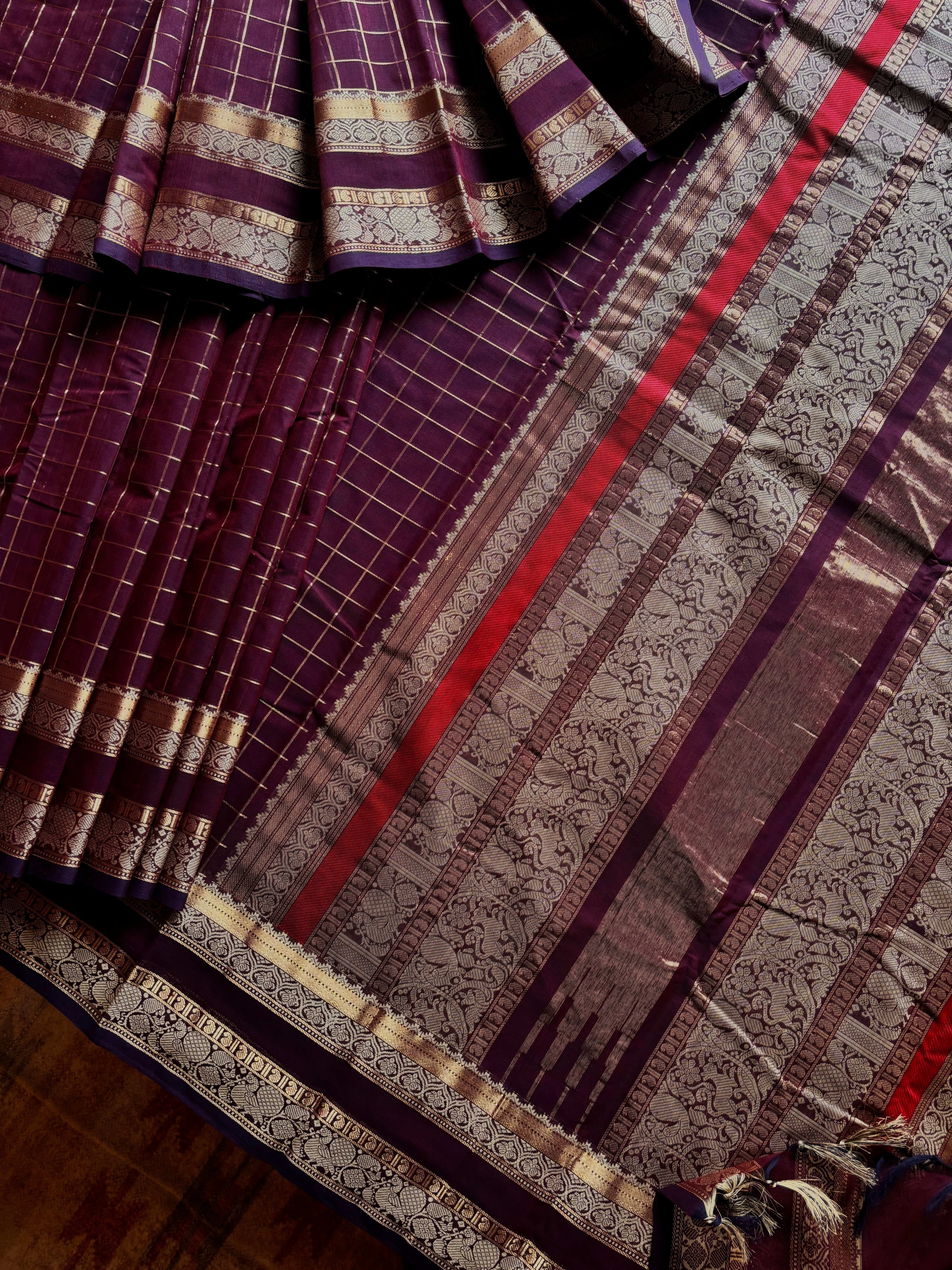 Handwoven Dark Burgundy Cotton Kanchipuram Cotton