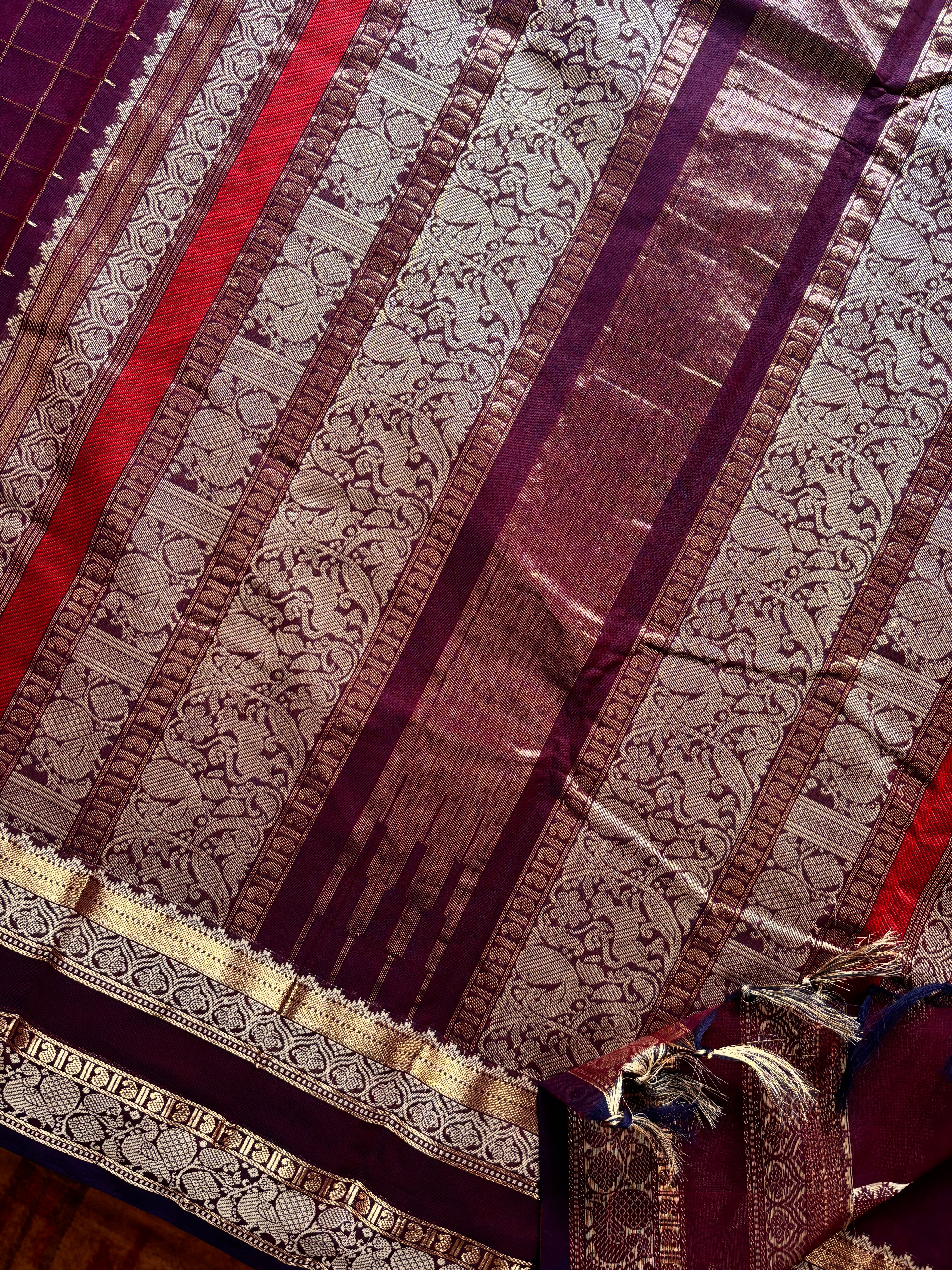 Handwoven Dark Burgundy Cotton Kanchipuram Cotton