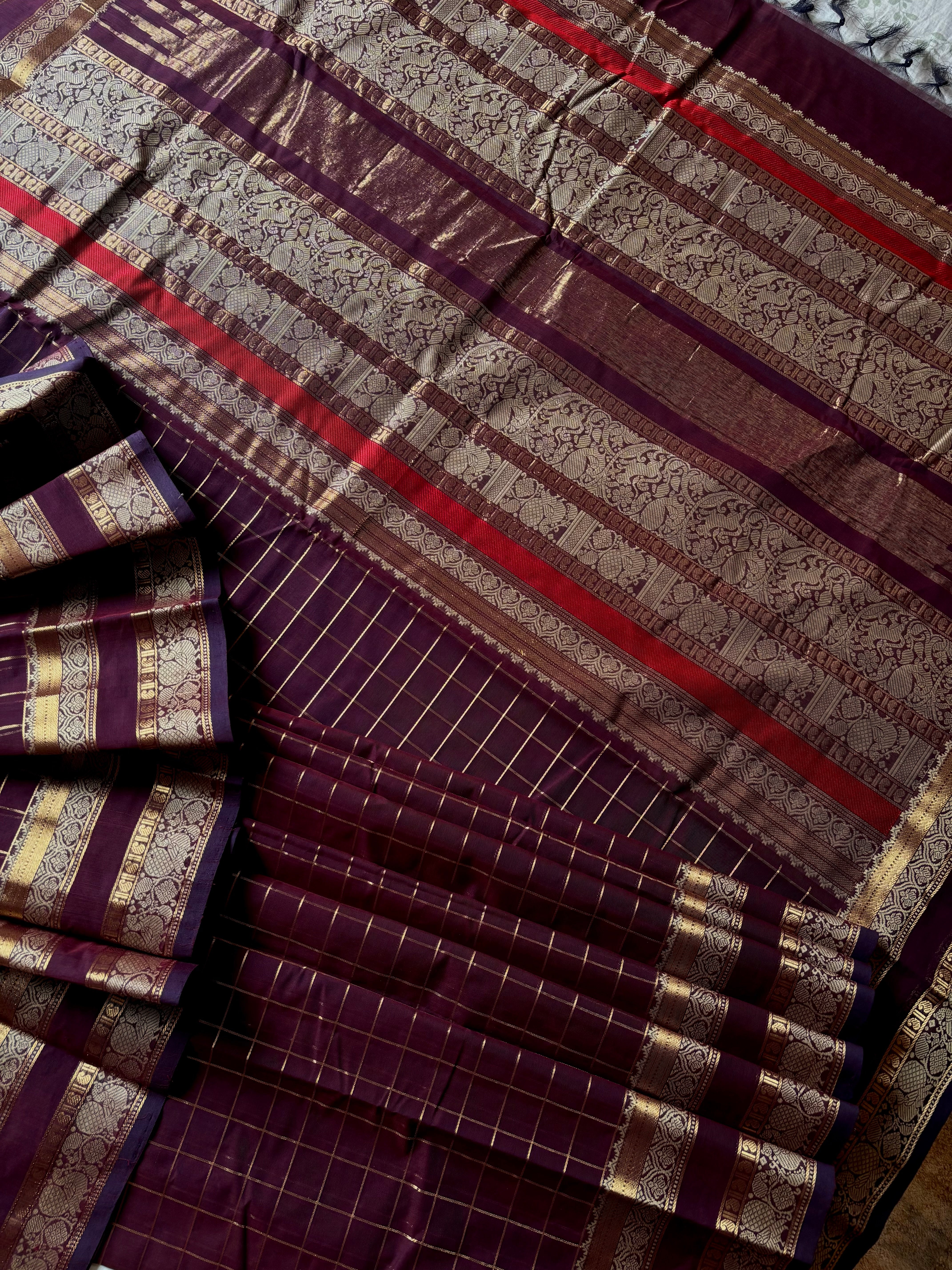 Handwoven Dark Burgundy Cotton Kanchipuram Cotton