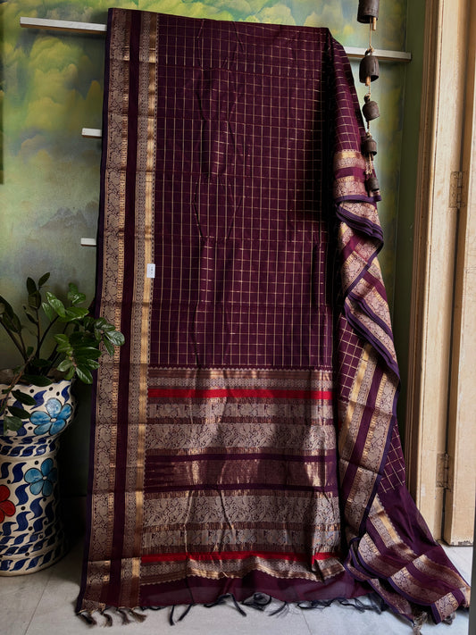 Handwoven Dark Burgundy Cotton Kanchipuram Cotton