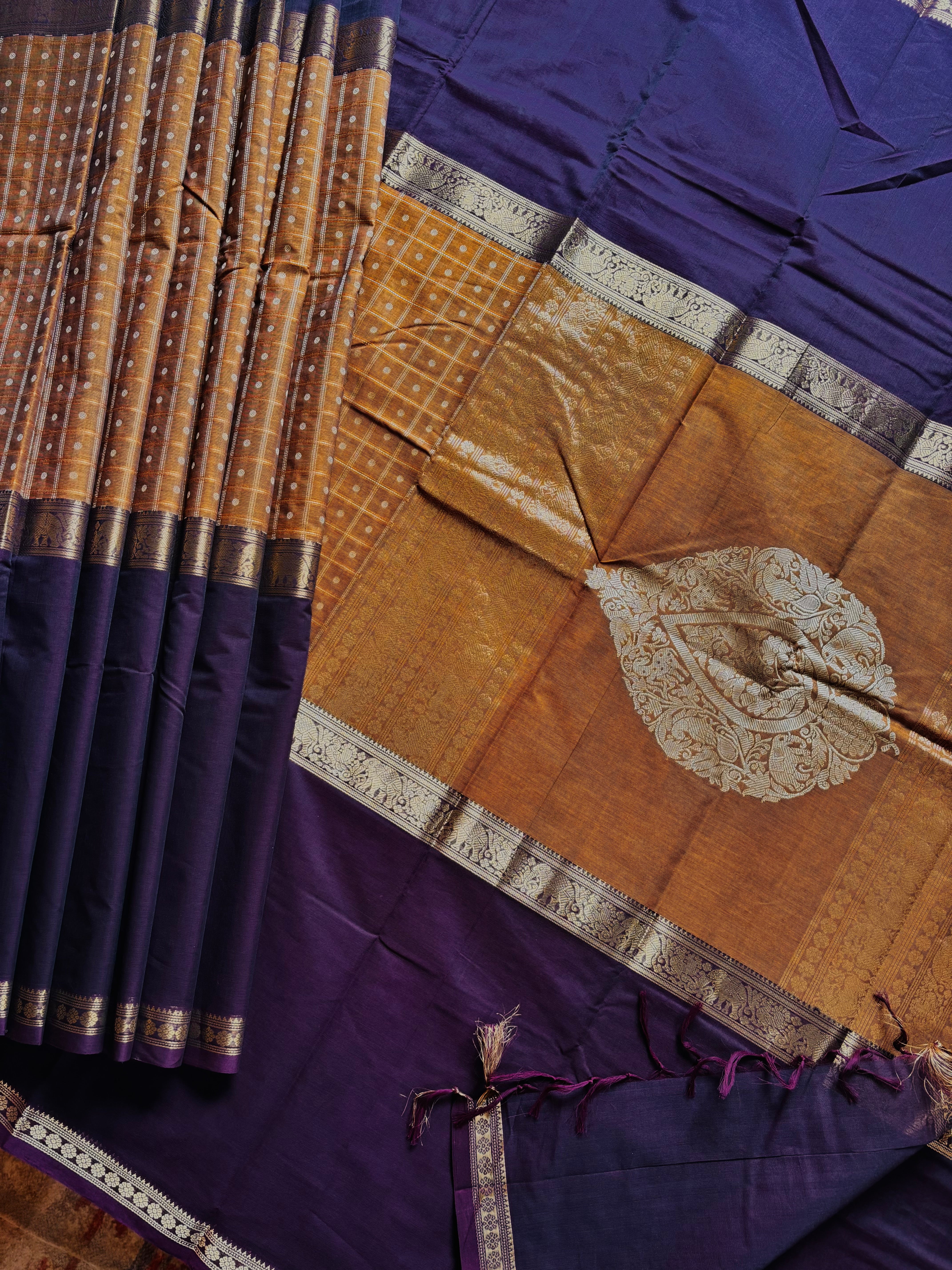 Handwoven Mustard/Plum Cotton Kanchipuram Saree