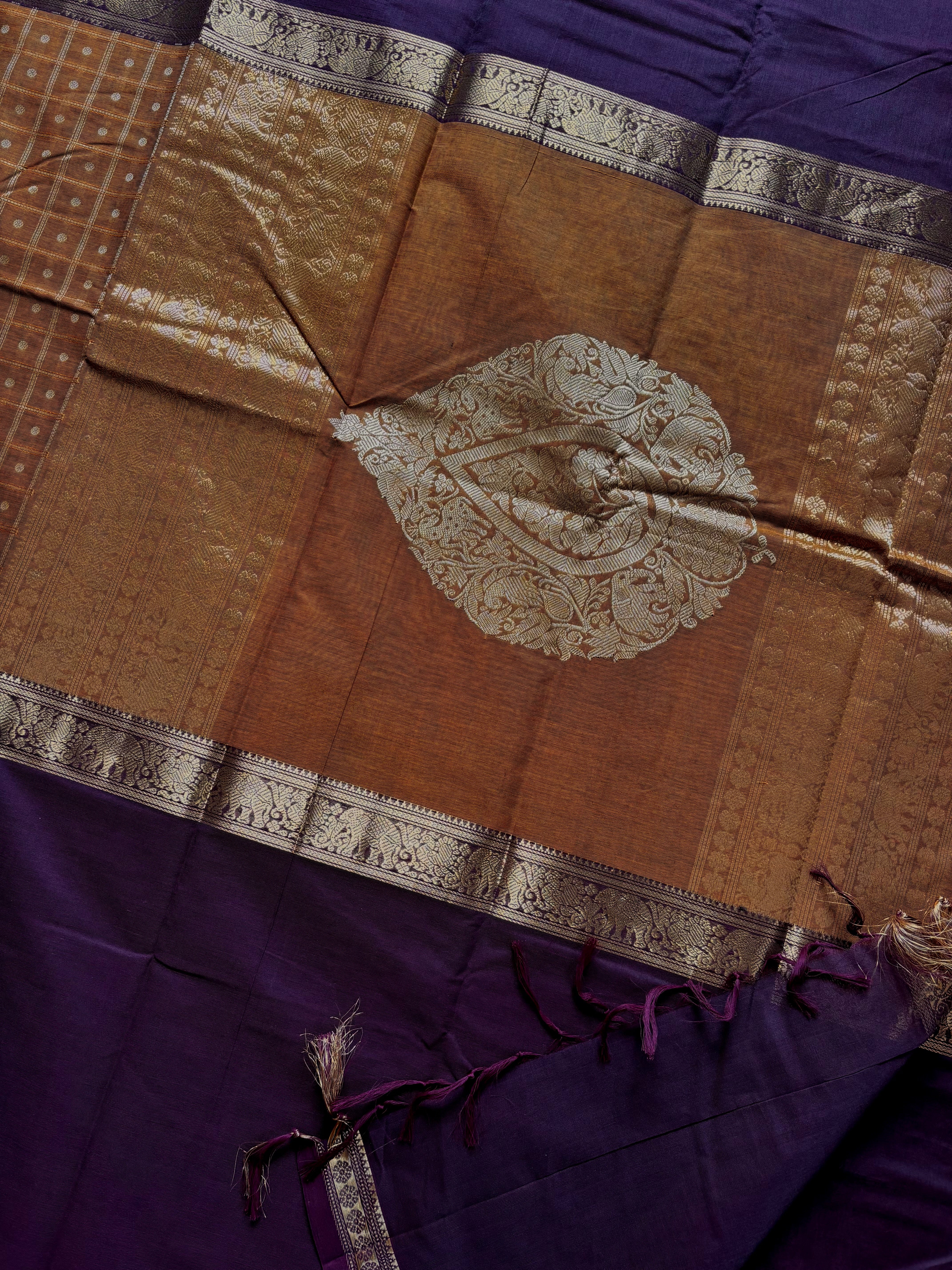 Handwoven Mustard/Plum Cotton Kanchipuram Saree