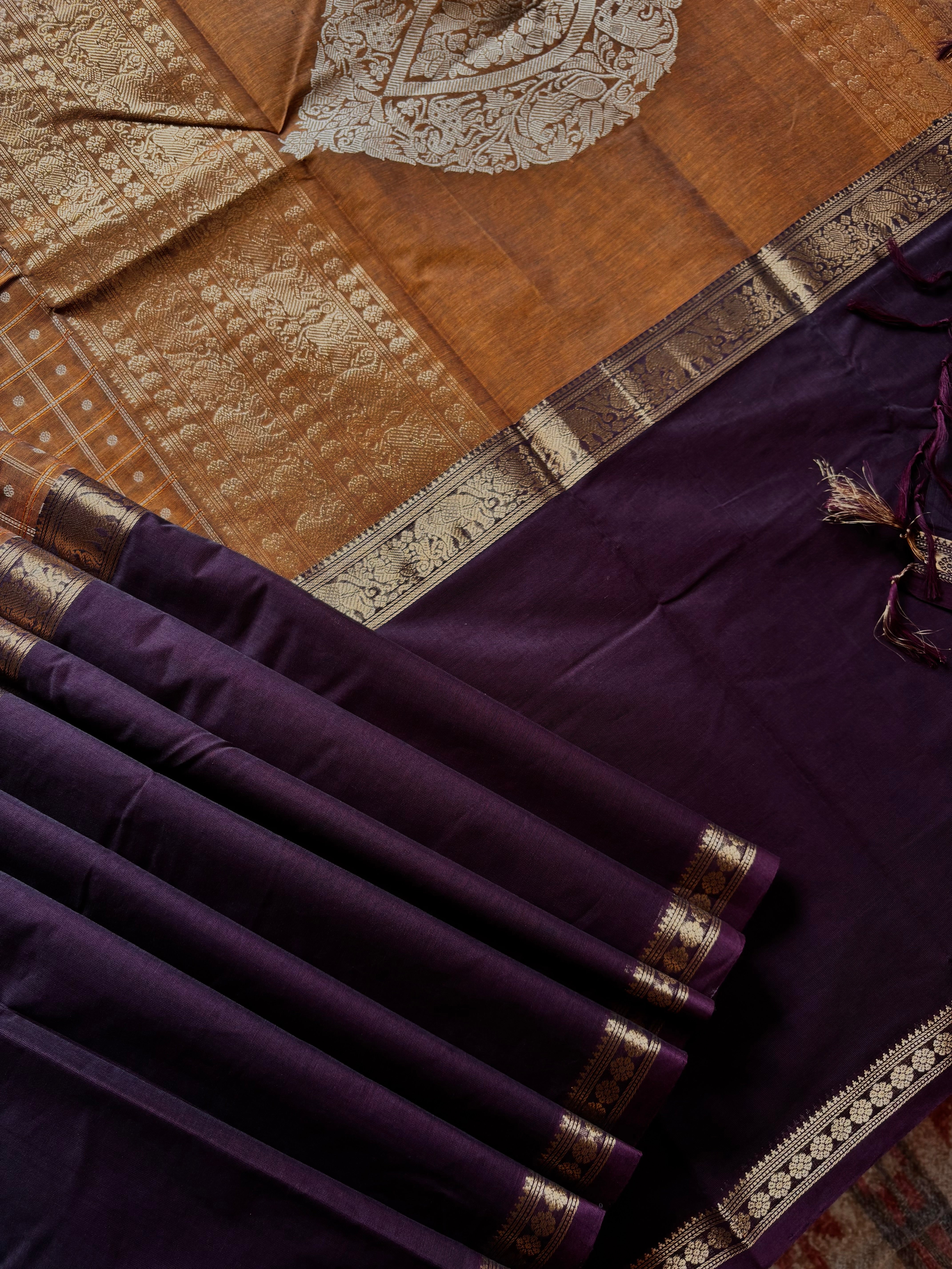 Handwoven Mustard/Plum Cotton Kanchipuram Saree