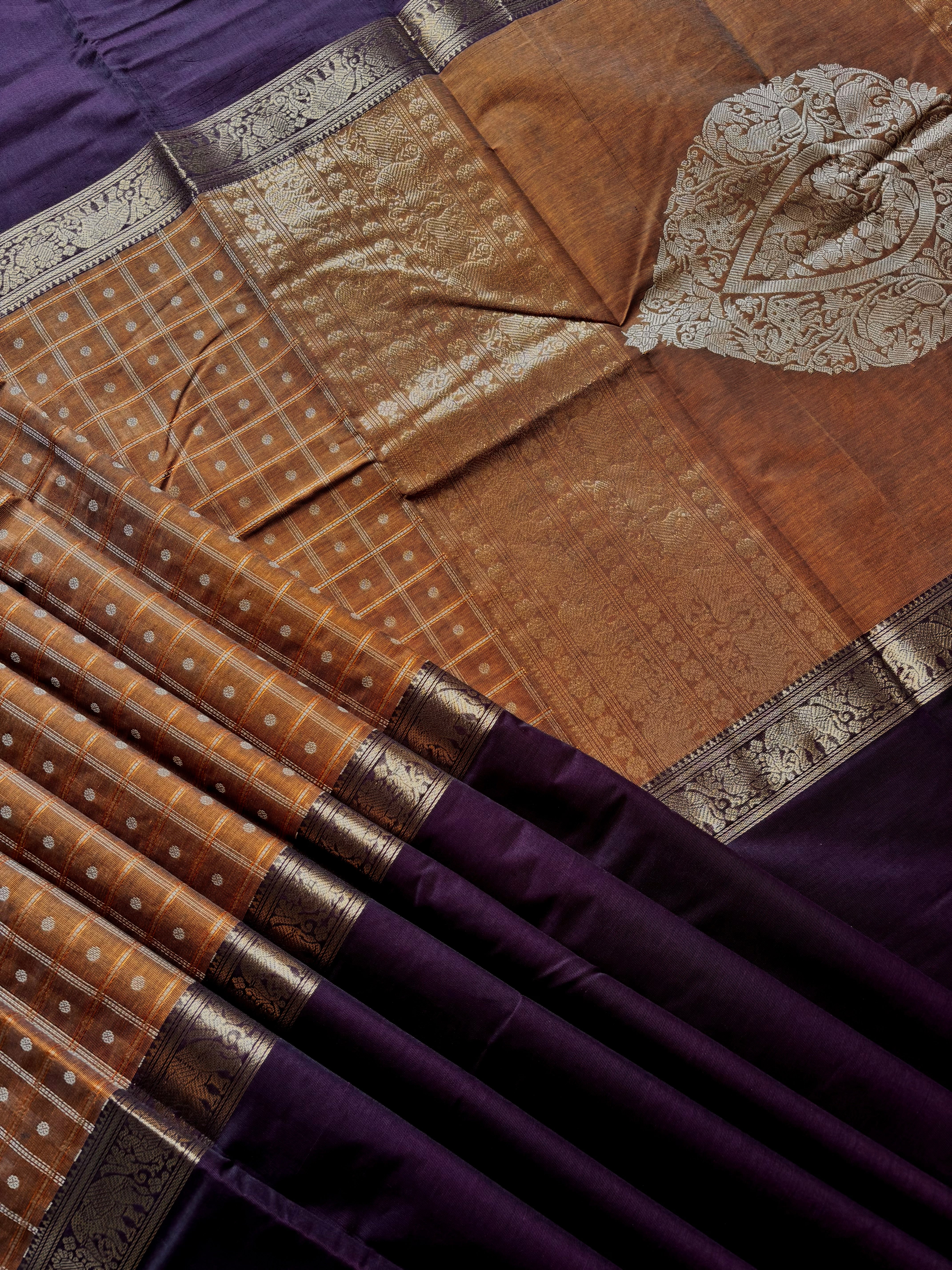 Handwoven Mustard/Plum Cotton Kanchipuram Saree