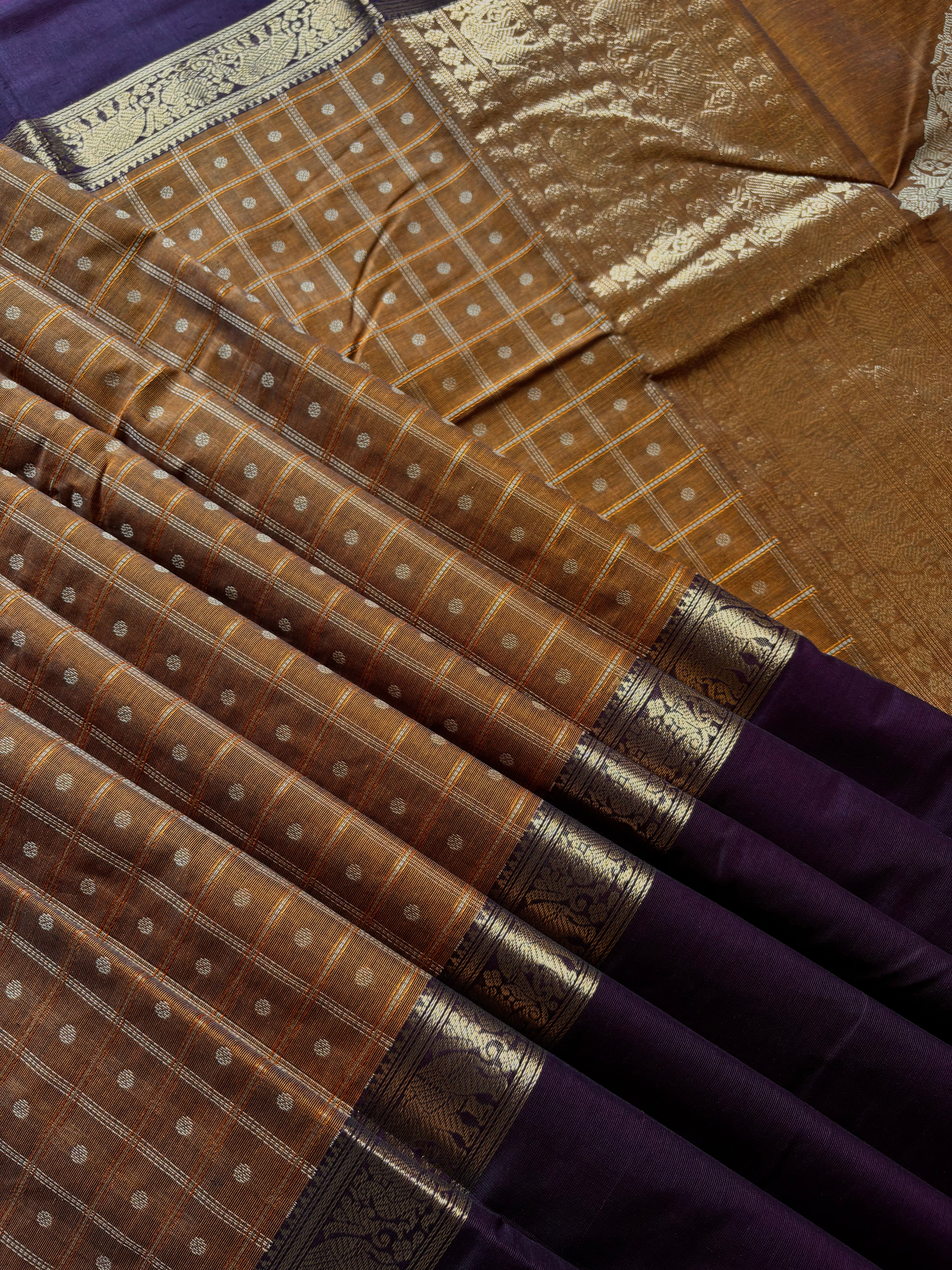 Handwoven Mustard/Plum Cotton Kanchipuram Saree