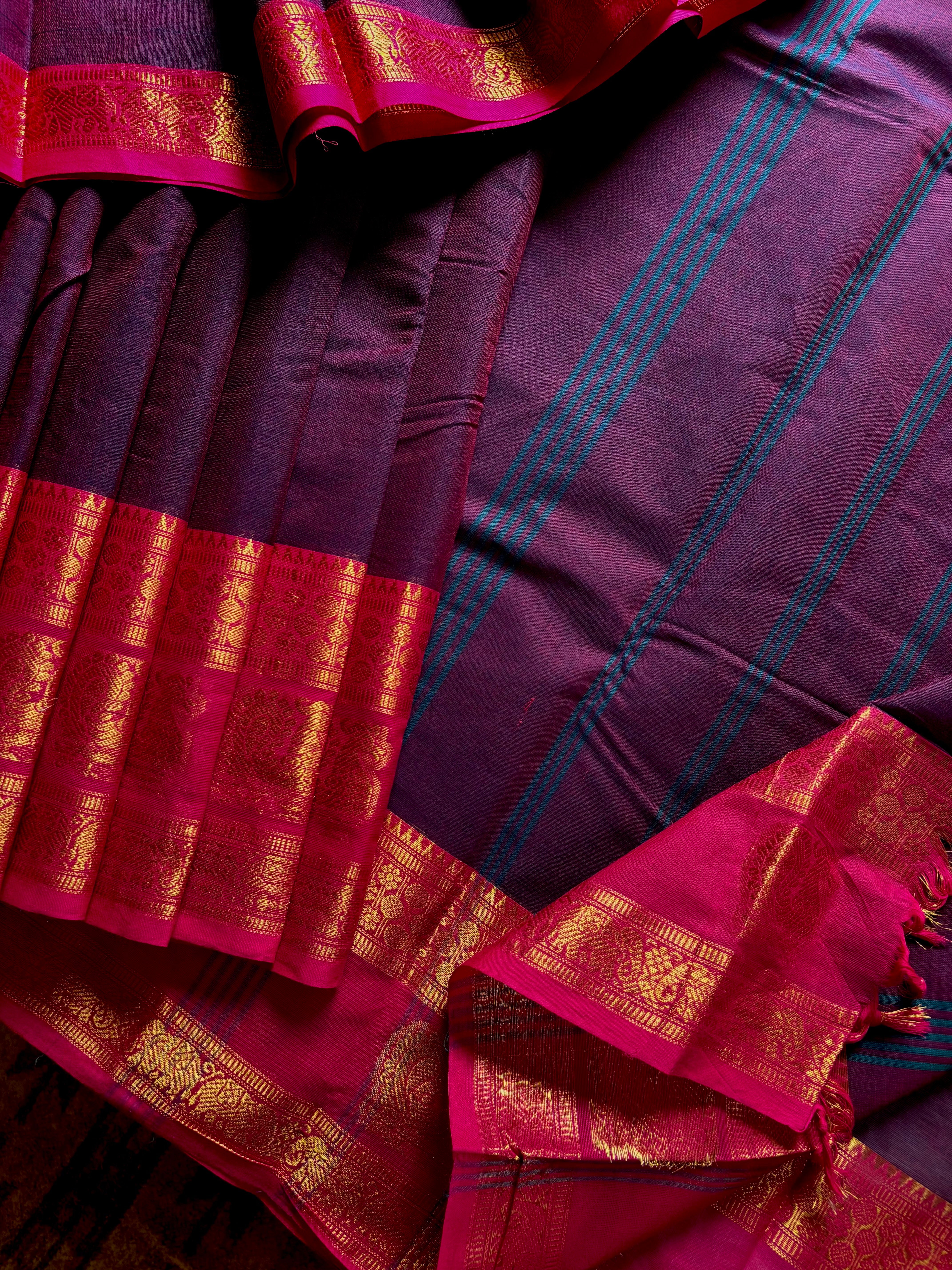 Pure Cotton Brownish Purple Kanchipuram Saree