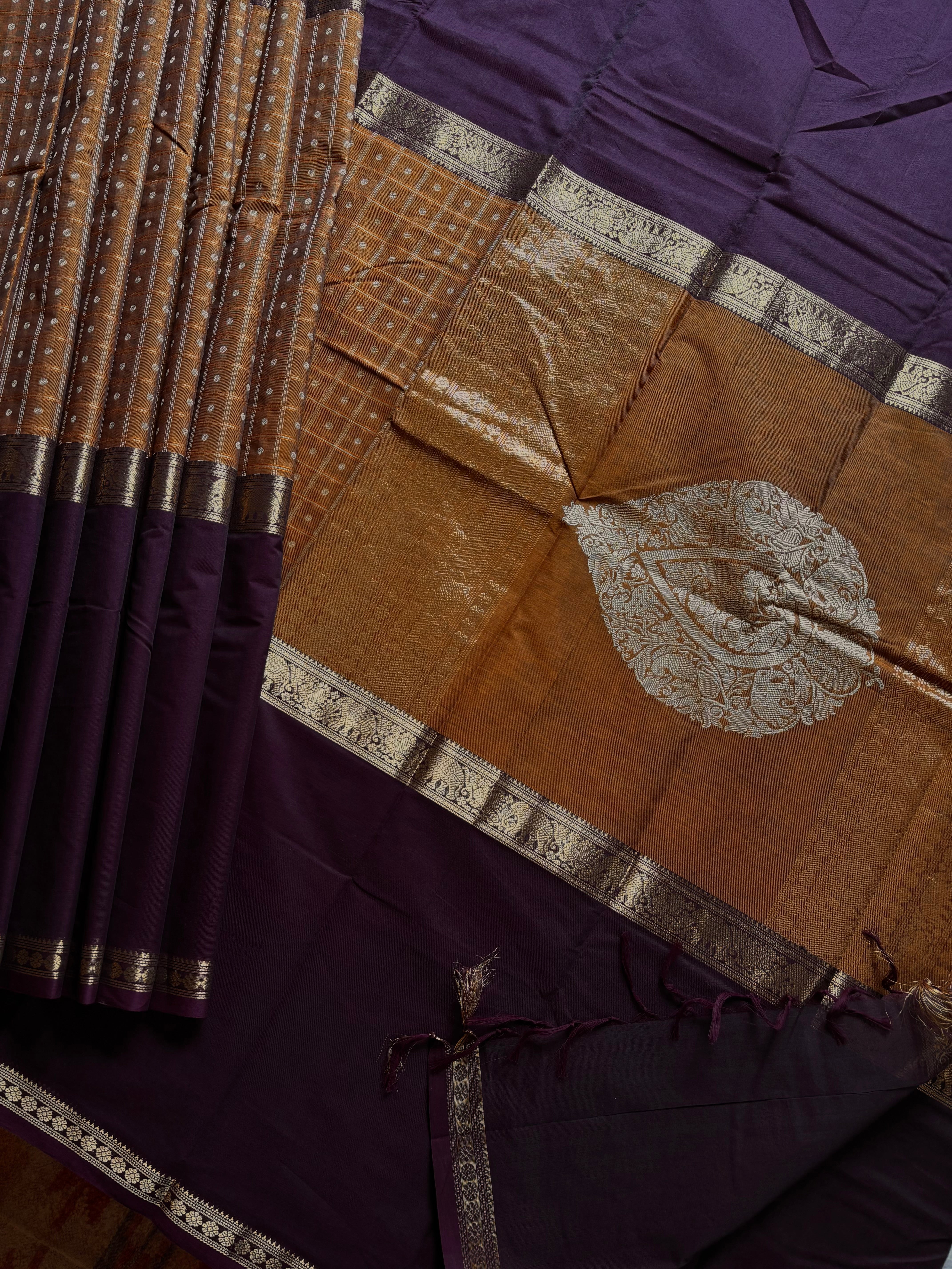 Handwoven Mustard/Plum Cotton Kanchipuram Saree