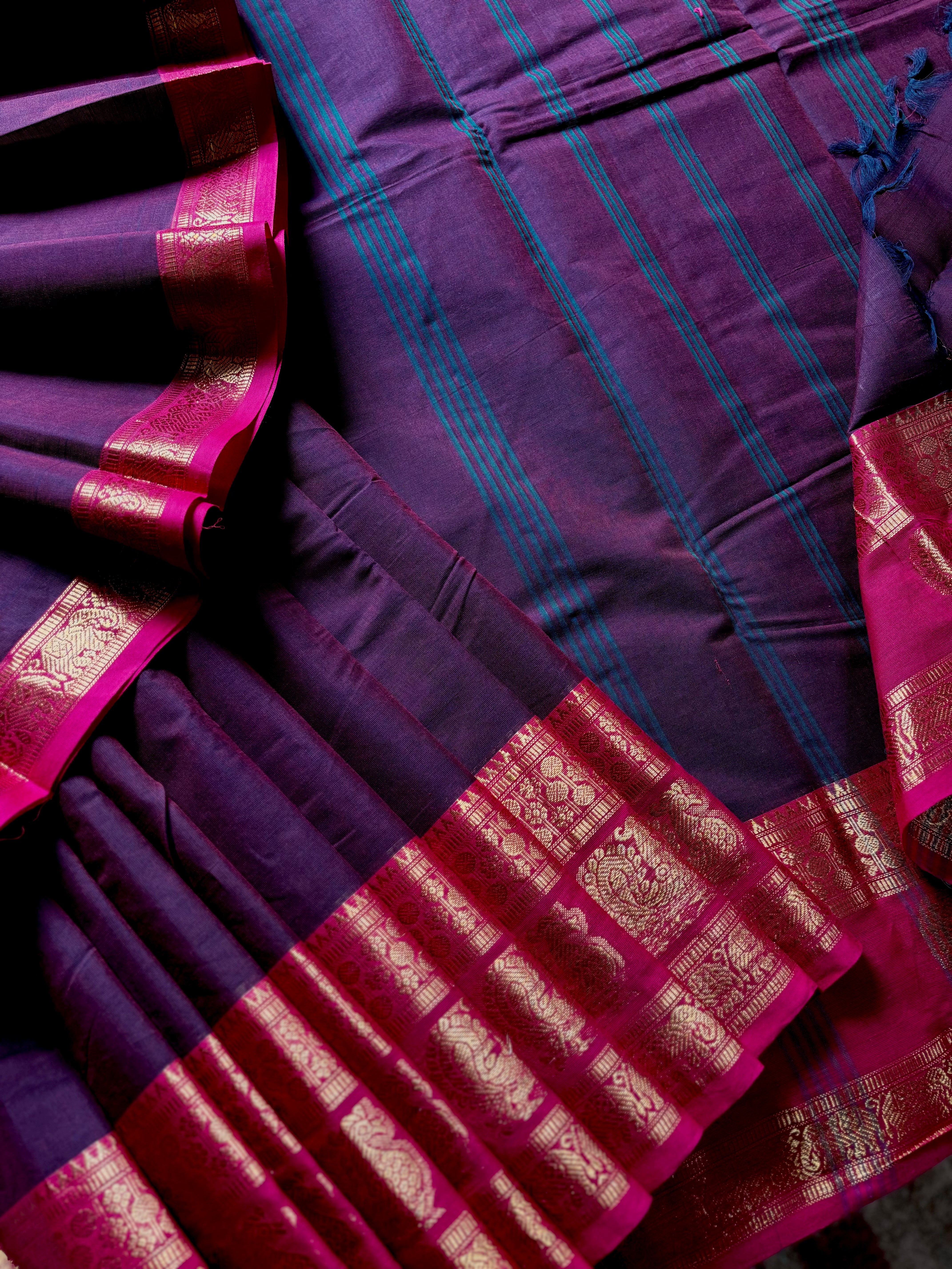 Pure Cotton Brownish Purple Kanchipuram Saree