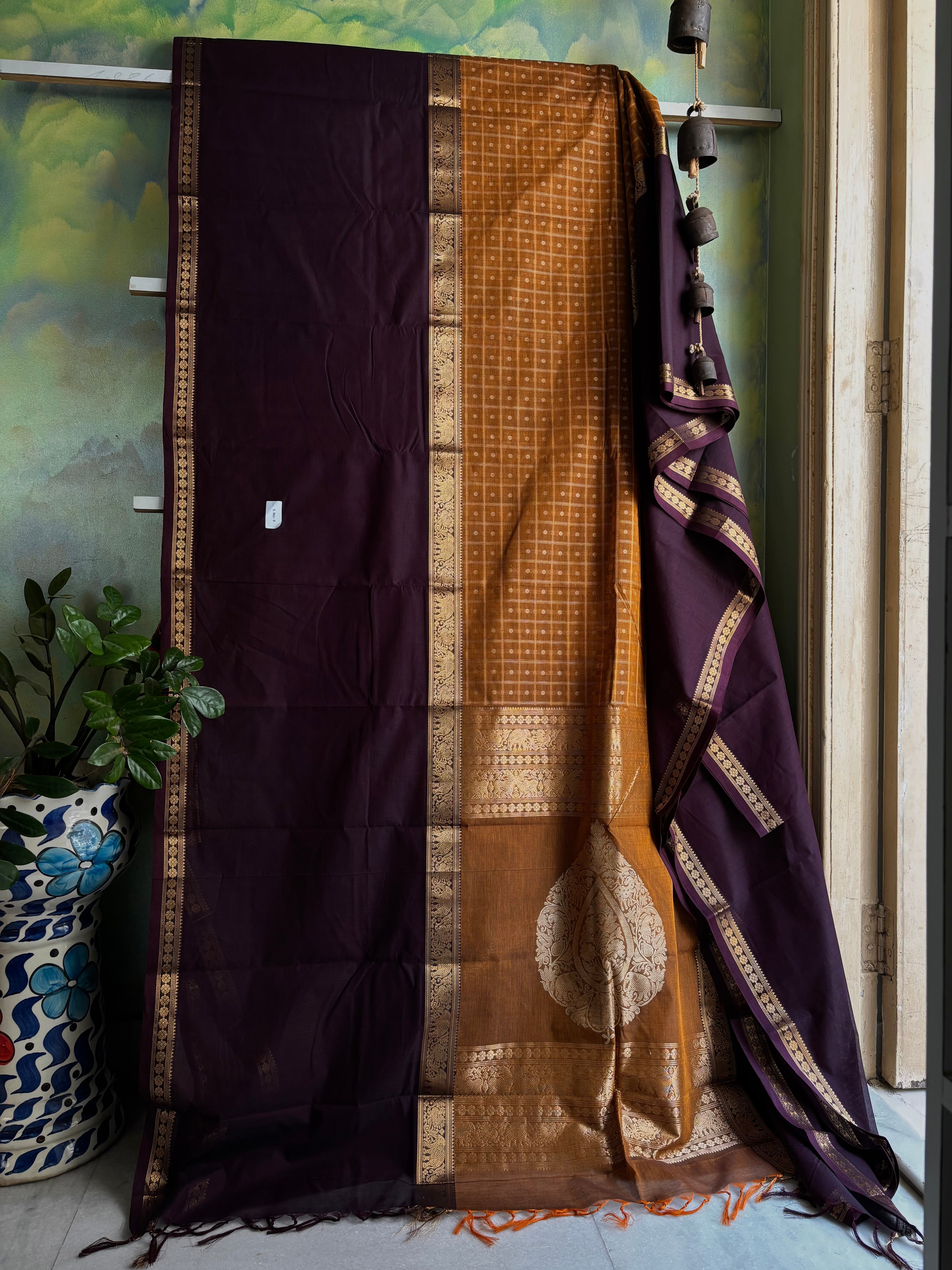 Handwoven Mustard/Plum Cotton Kanchipuram Saree