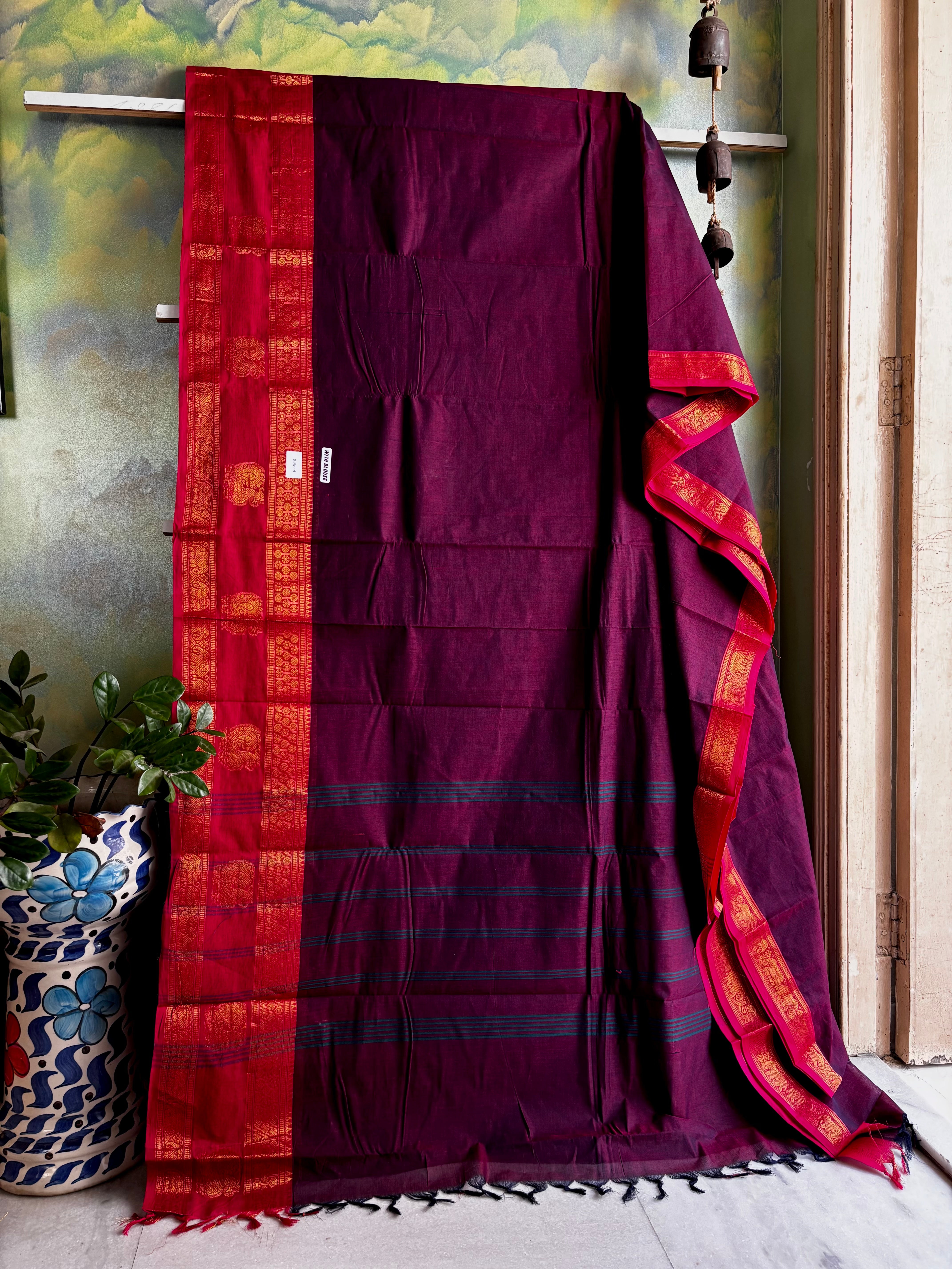 Pure Cotton Brownish Purple Kanchipuram Saree