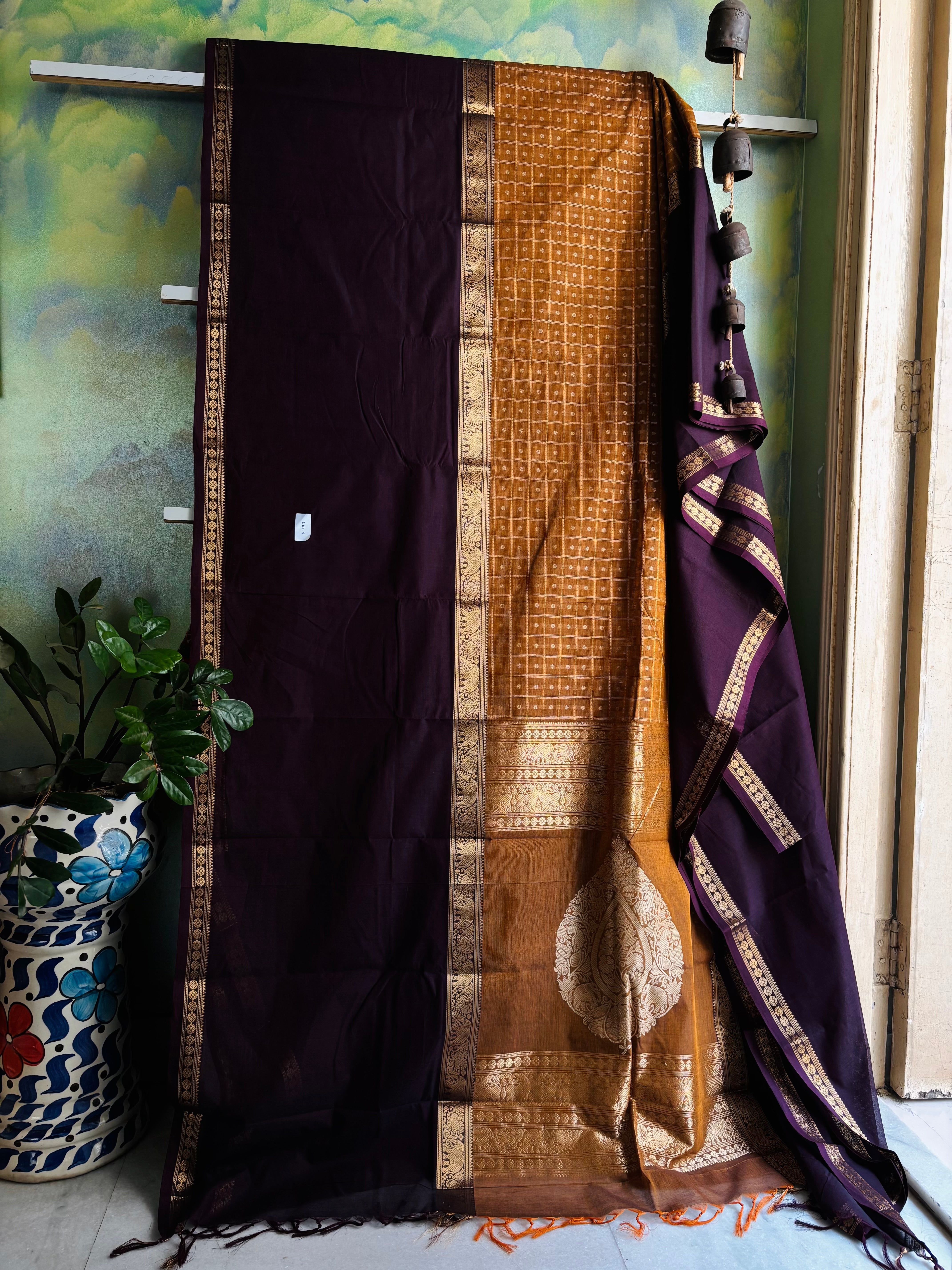 Handwoven Mustard/Plum Cotton Kanchipuram Saree