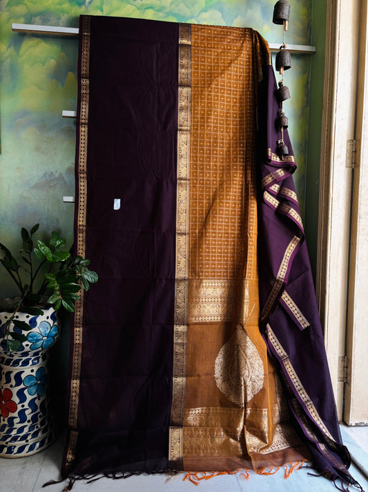 Handwoven Mustard/Plum Cotton Kanchipuram Saree