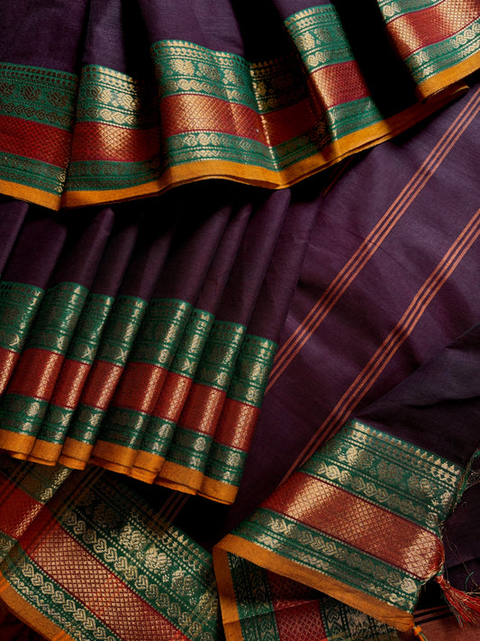 Pure Cotton Dark Plum Colour Kanchipuram Saree