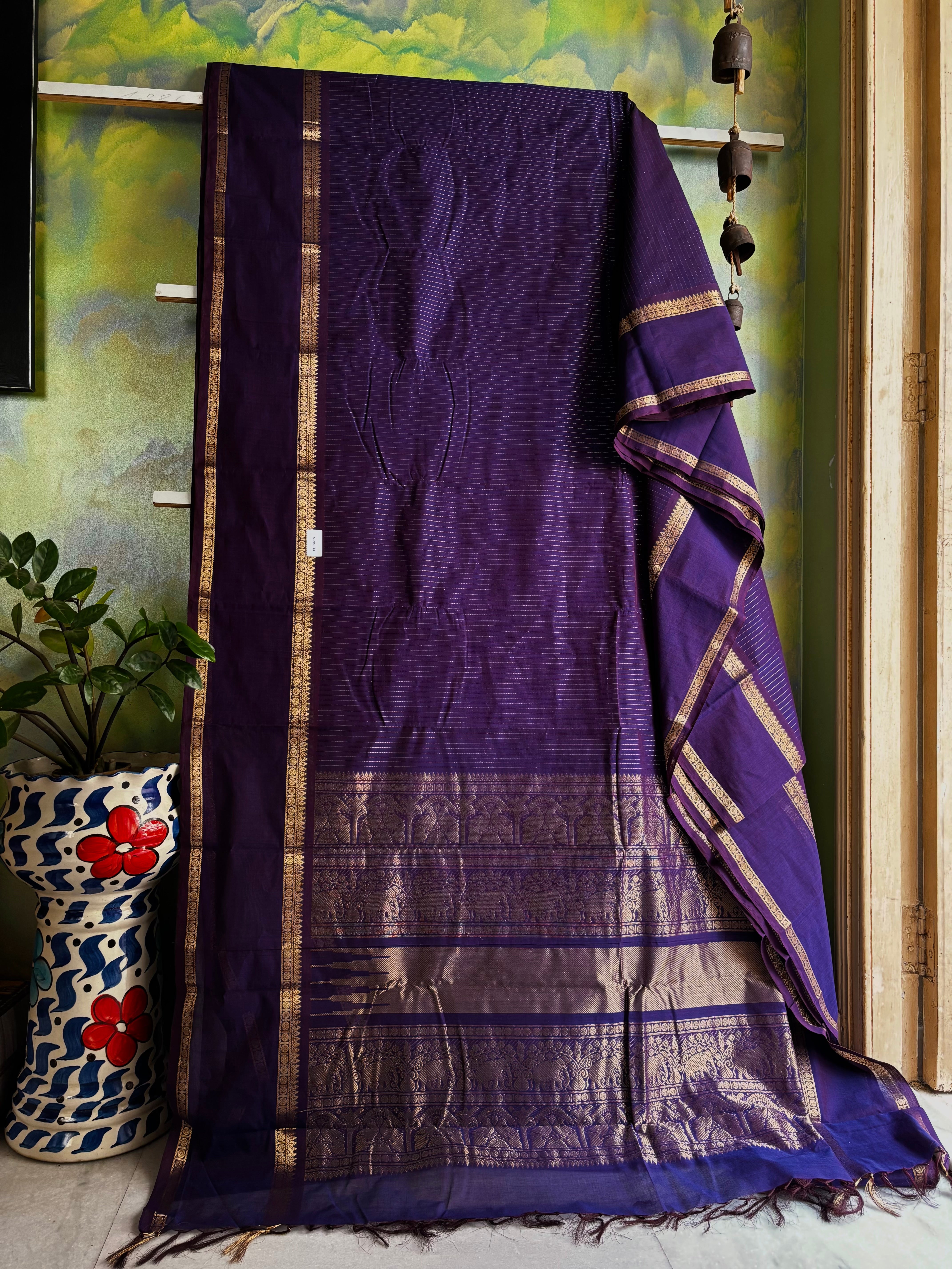 Handwoven Purple and Dark Brown Mixed Colour Kanchipuram Cotton