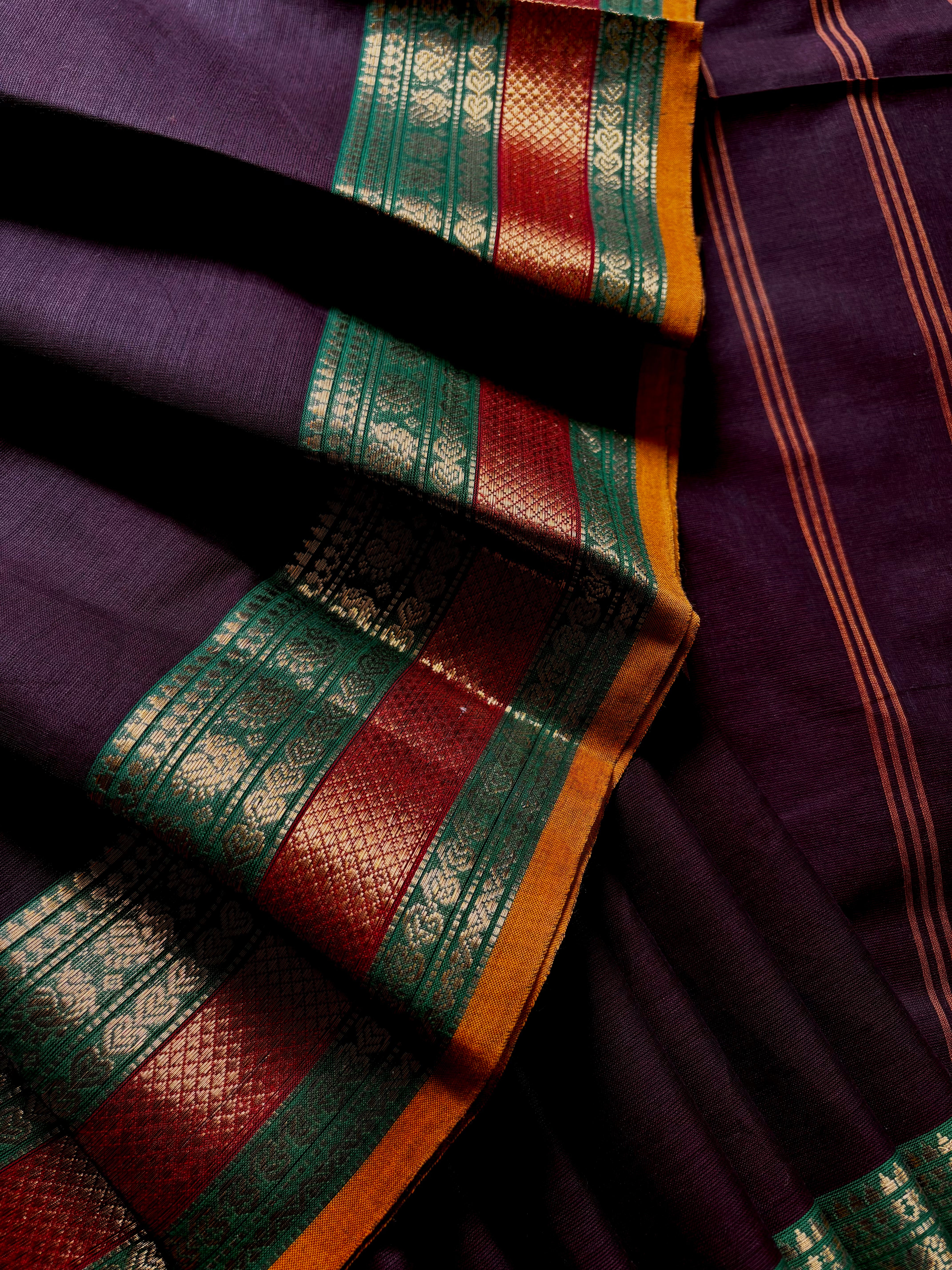 Pure Cotton Dark Plum Colour Kanchipuram Saree