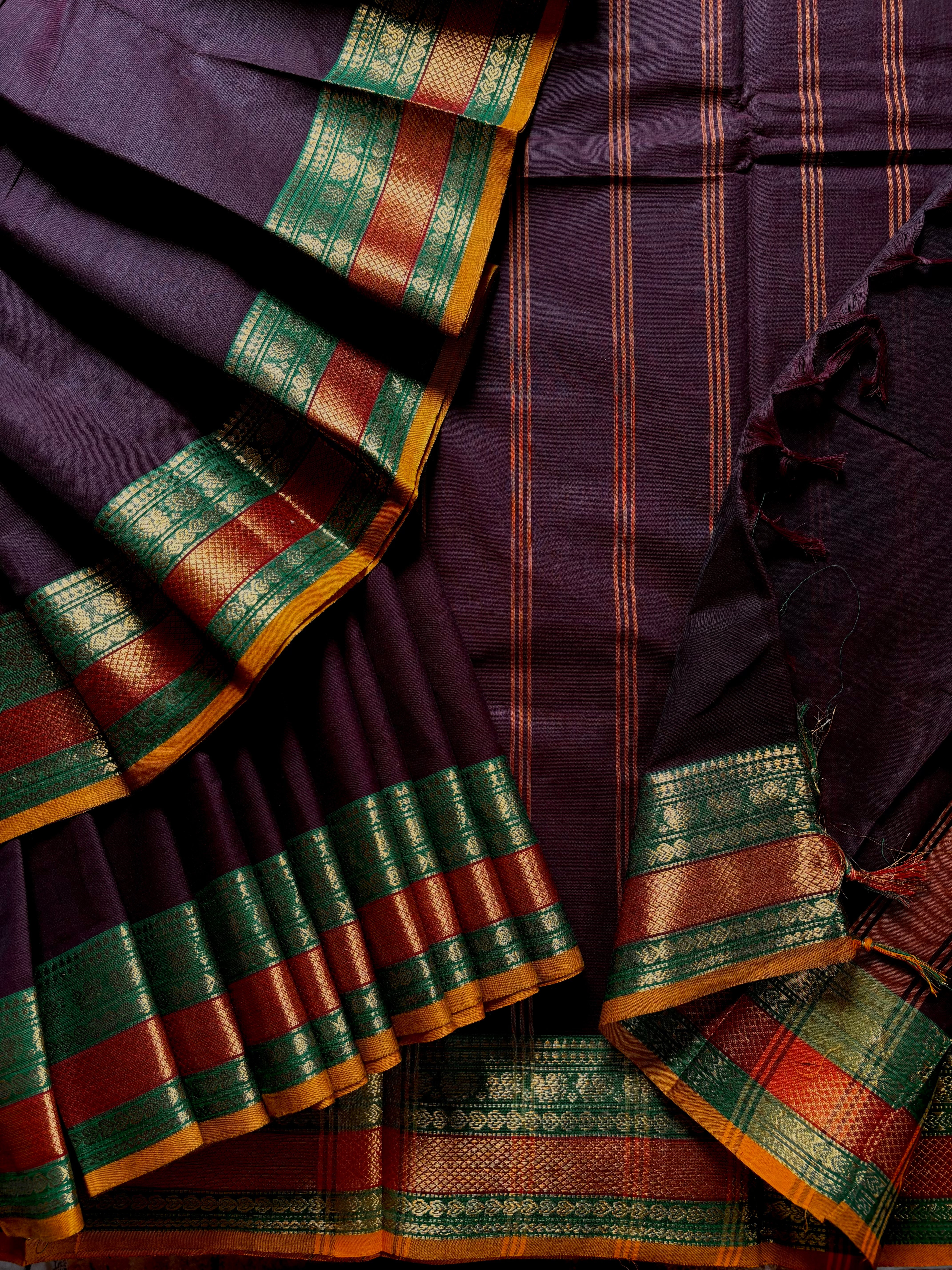 Pure Cotton Dark Plum Colour Kanchipuram Saree