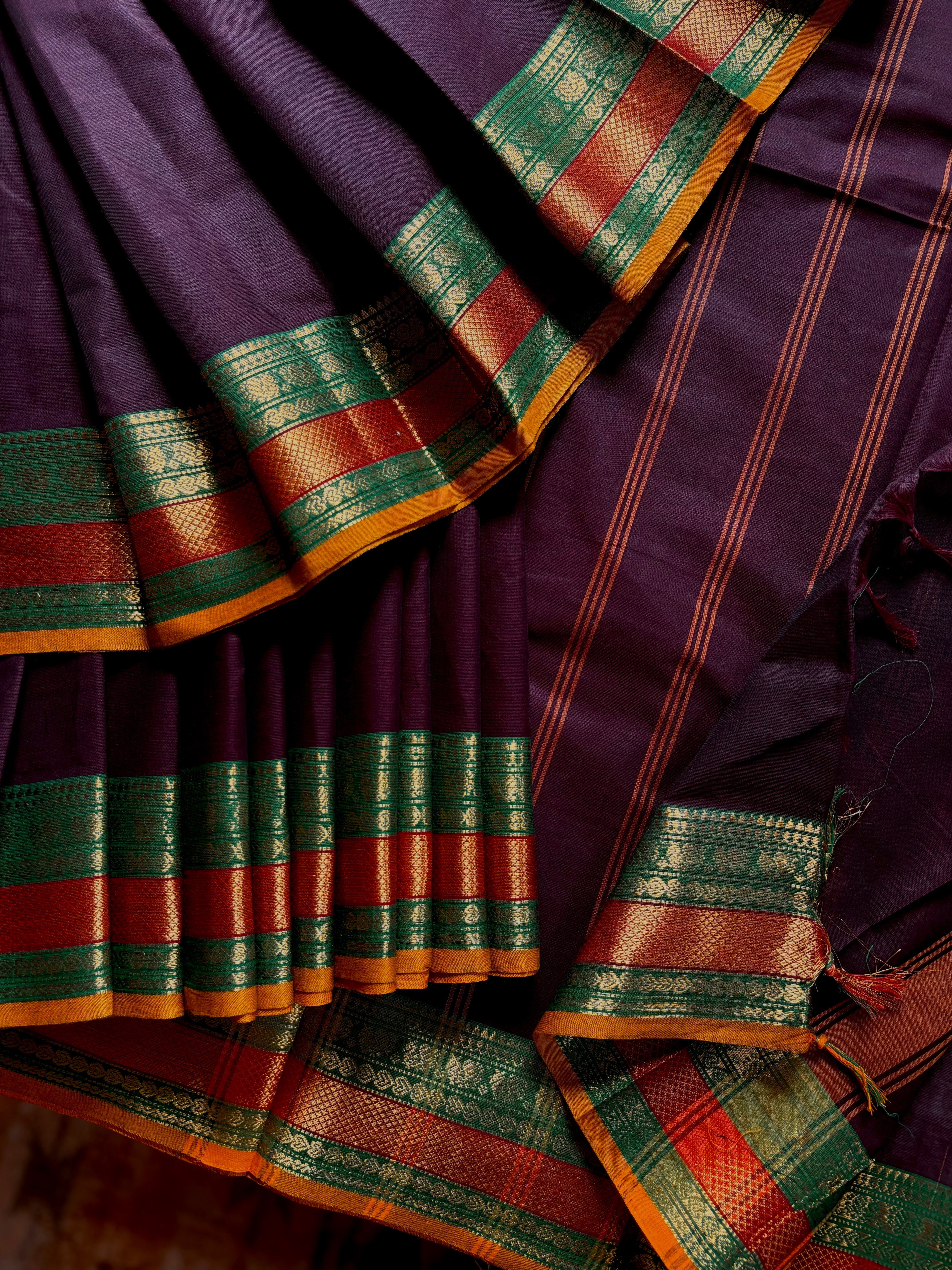 Pure Cotton Dark Plum Colour Kanchipuram Saree
