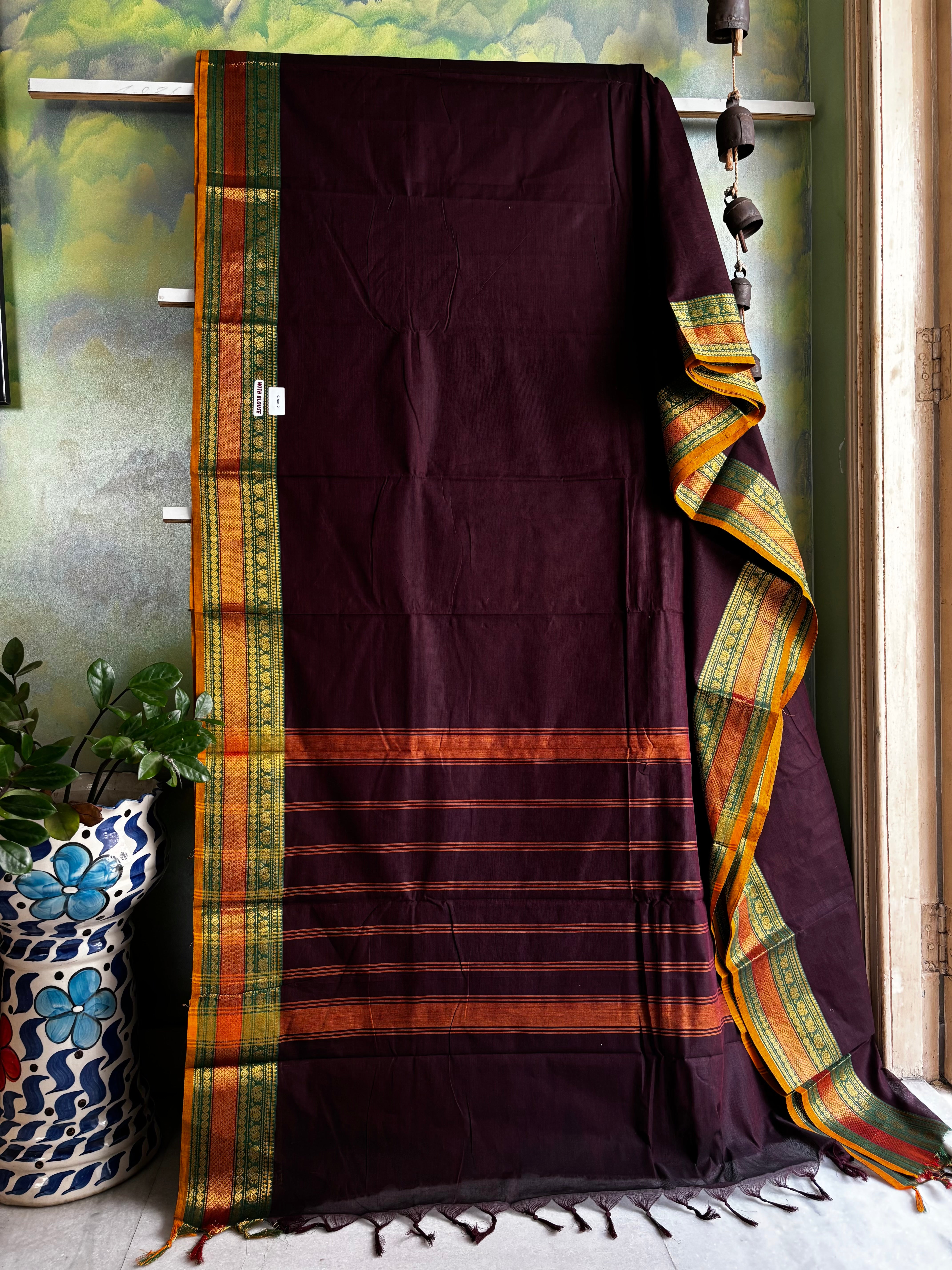 Pure Cotton Dark Plum Colour Kanchipuram Saree