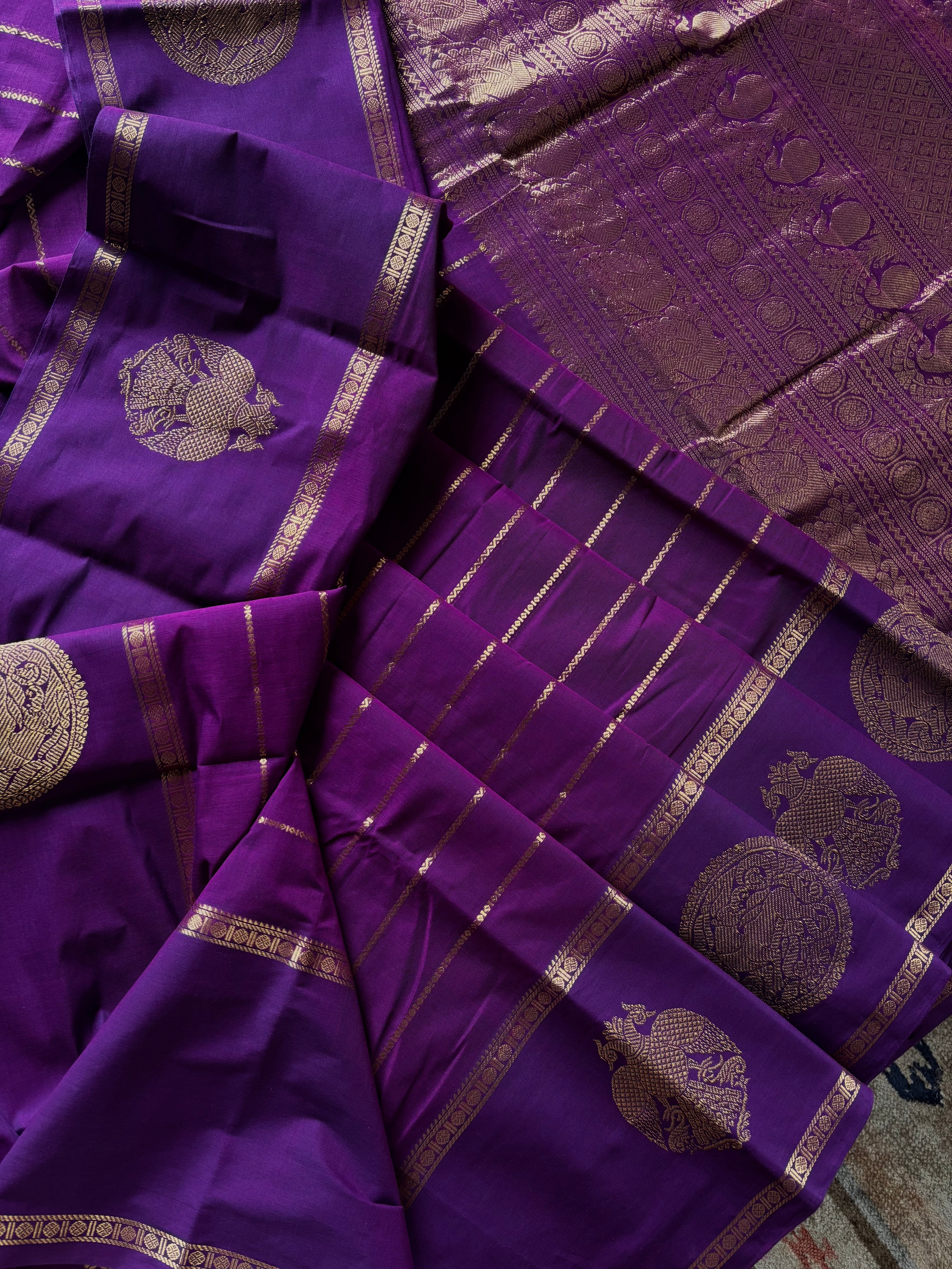 Handwoven Purple Colour Veldhari Kanchipuram Cotton Saree