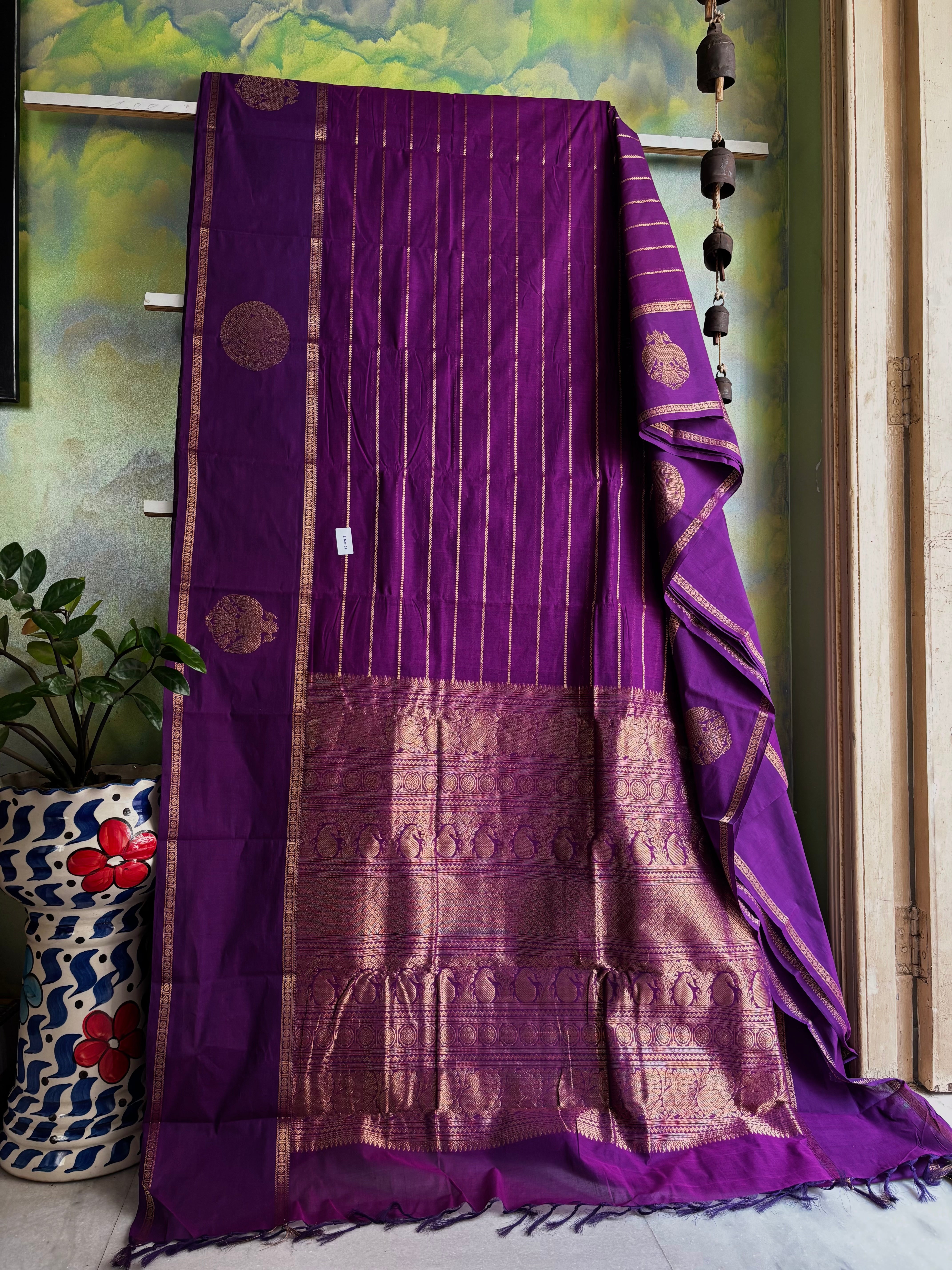Handwoven Purple Colour Veldhari Kanchipuram Cotton Saree