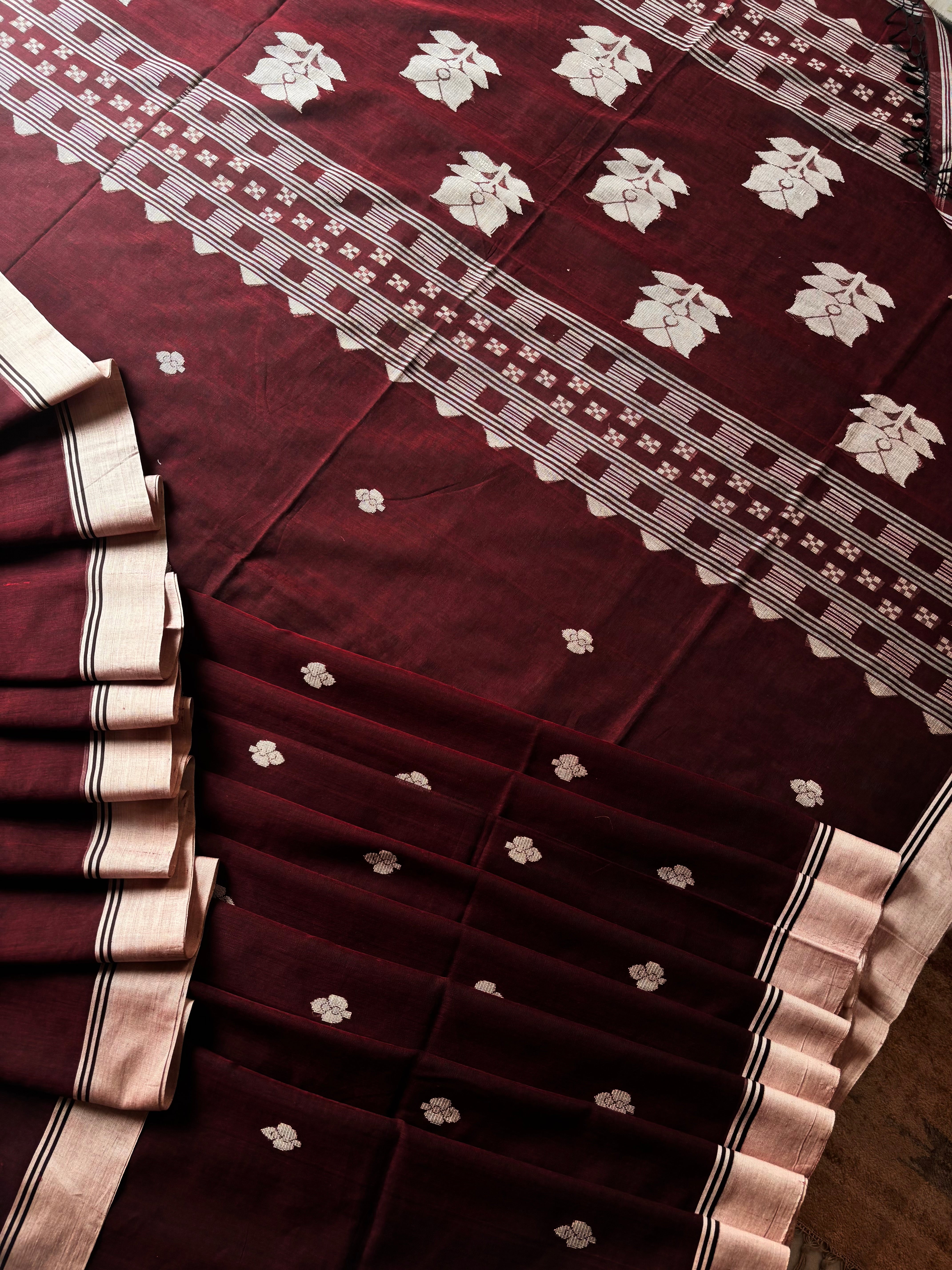 Handwoven Dark Mahagany Colour Cotton Jamdani Saree