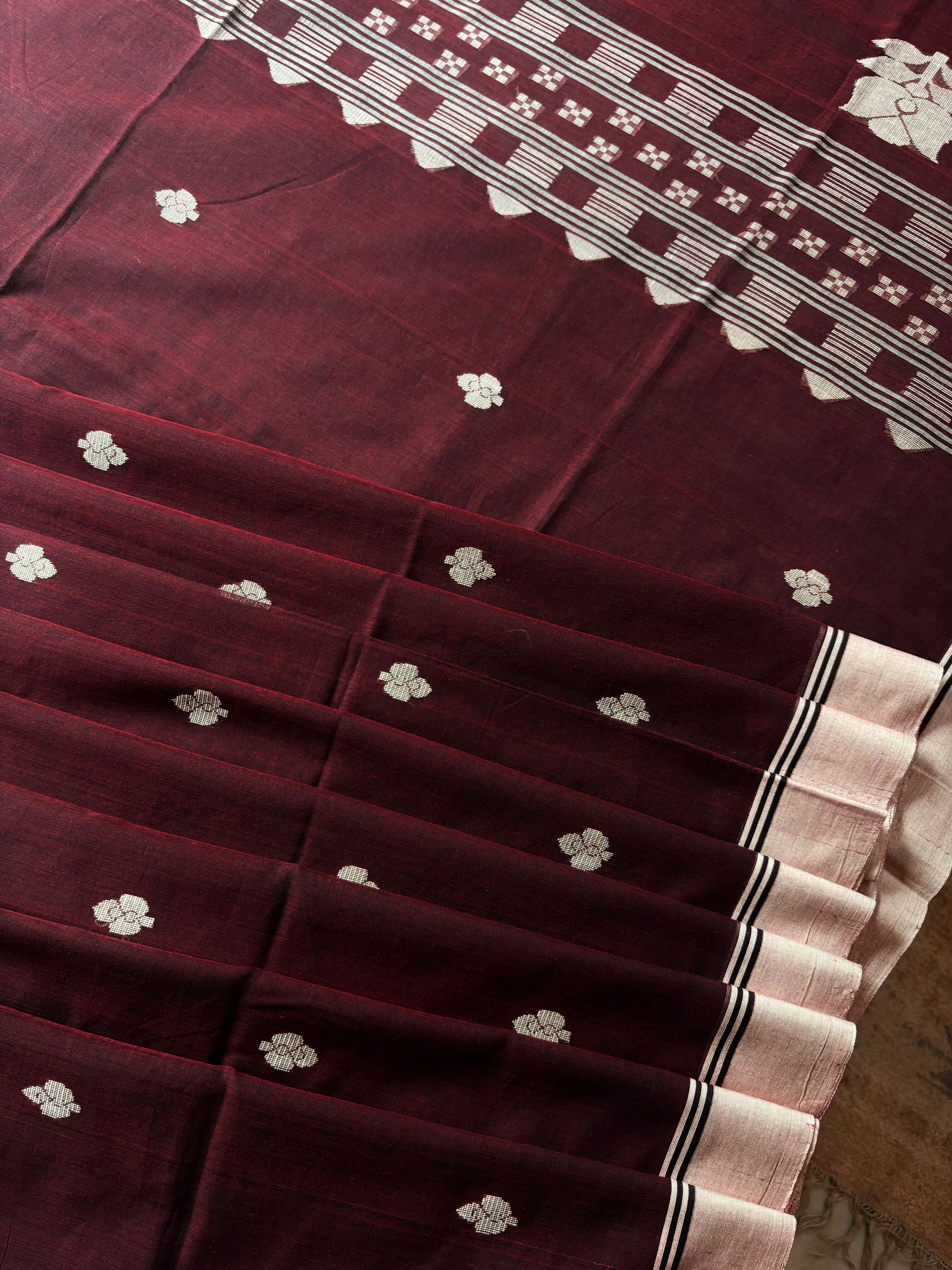 Handwoven Dark Mahagany Colour Cotton Jamdani Saree