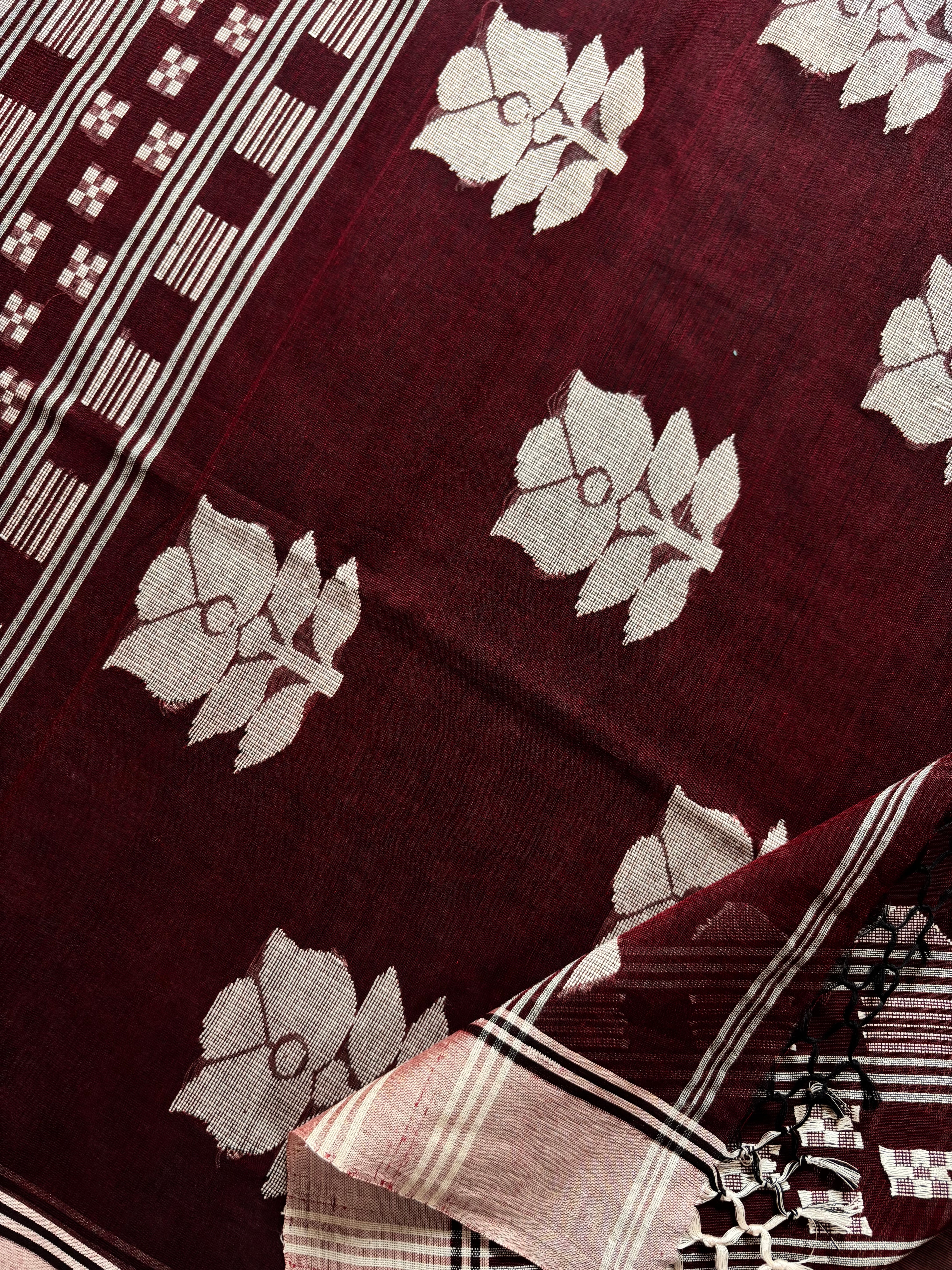 Handwoven Dark Mahagany Colour Cotton Jamdani Saree