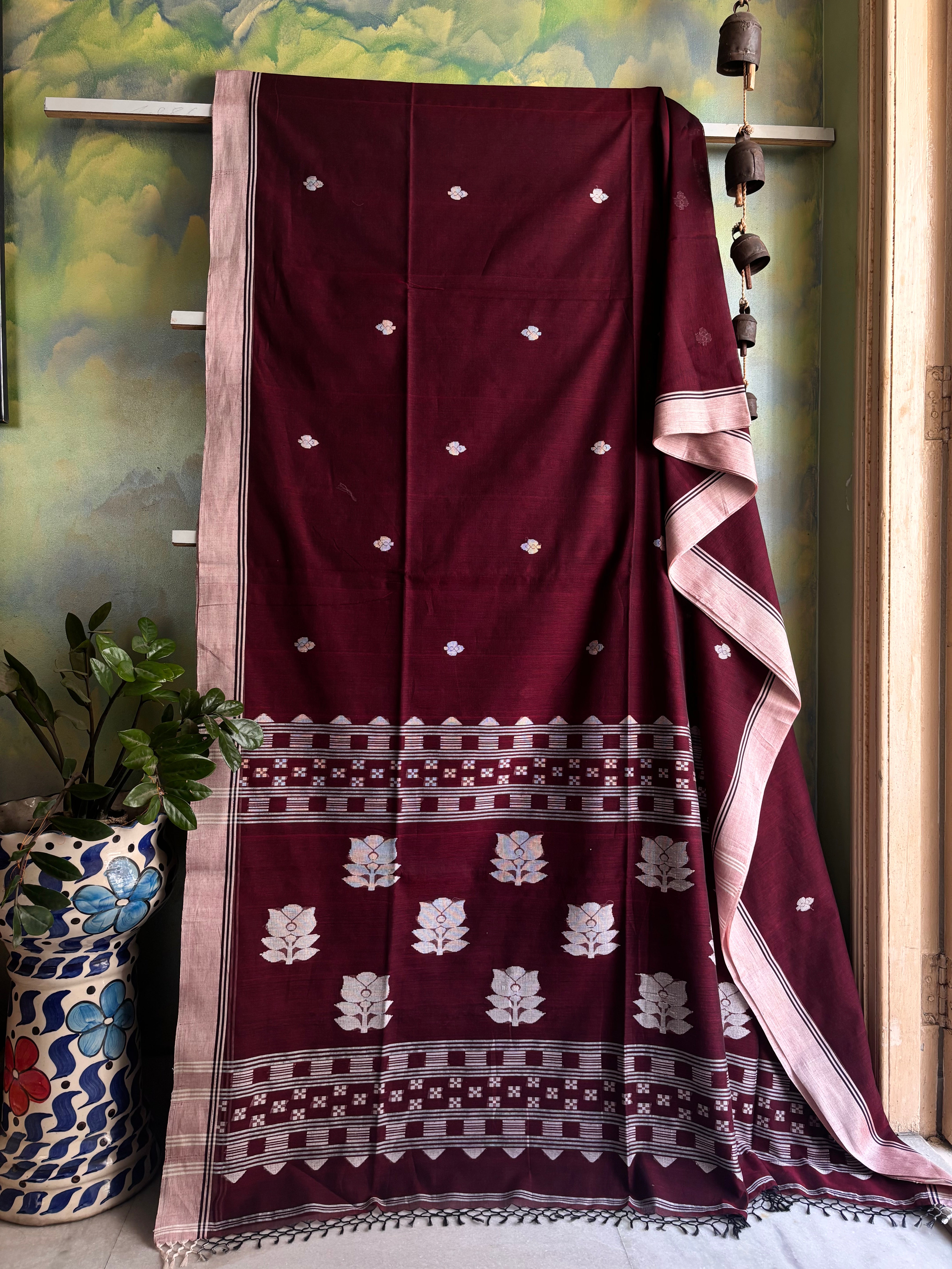Handwoven Dark Mahagany Colour Cotton Jamdani Saree