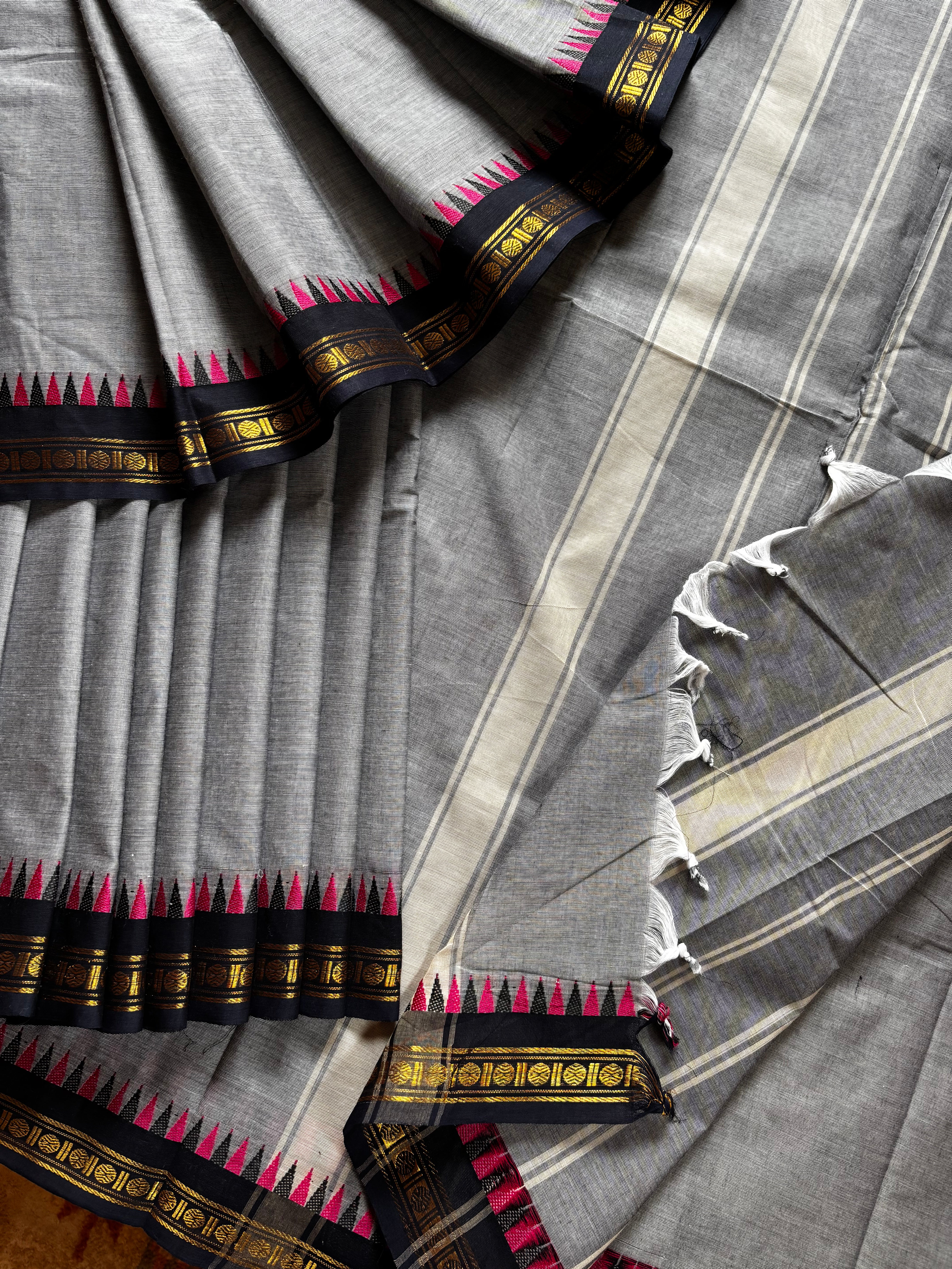 Pure Cotton Grey Black Kanchipuram Saree