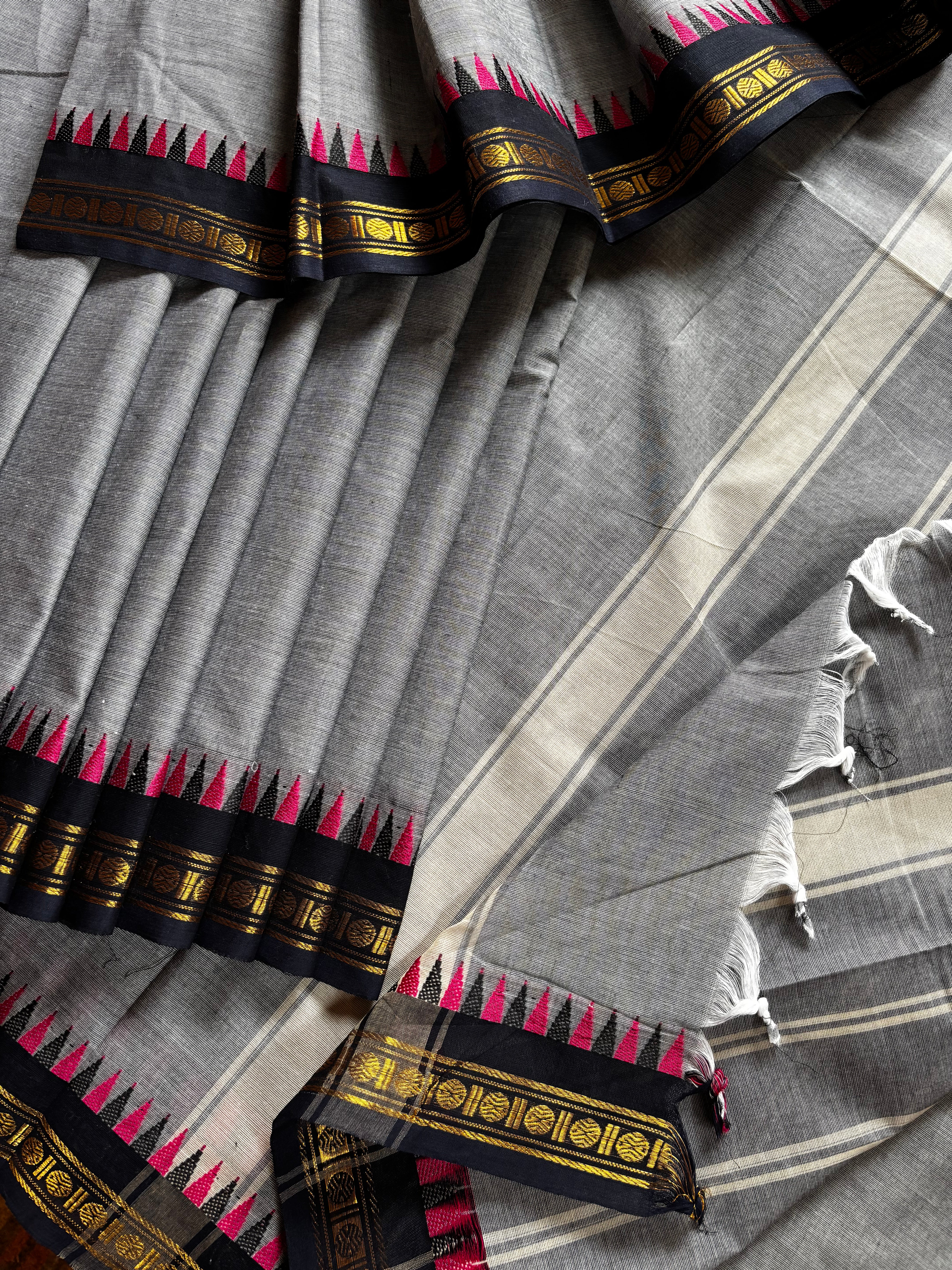 Pure Cotton Grey Black Kanchipuram Saree