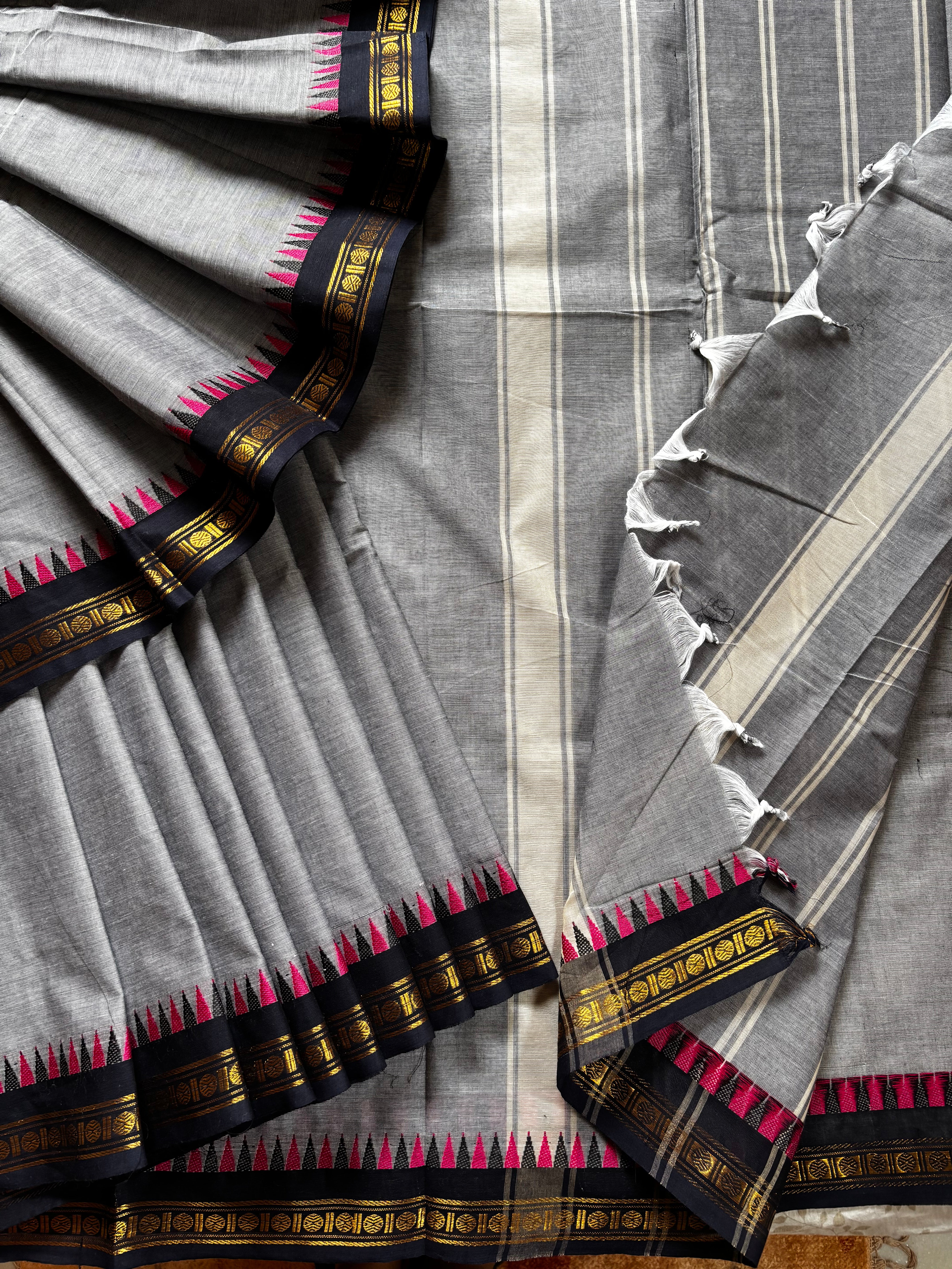 Pure Cotton Grey Black Kanchipuram Saree