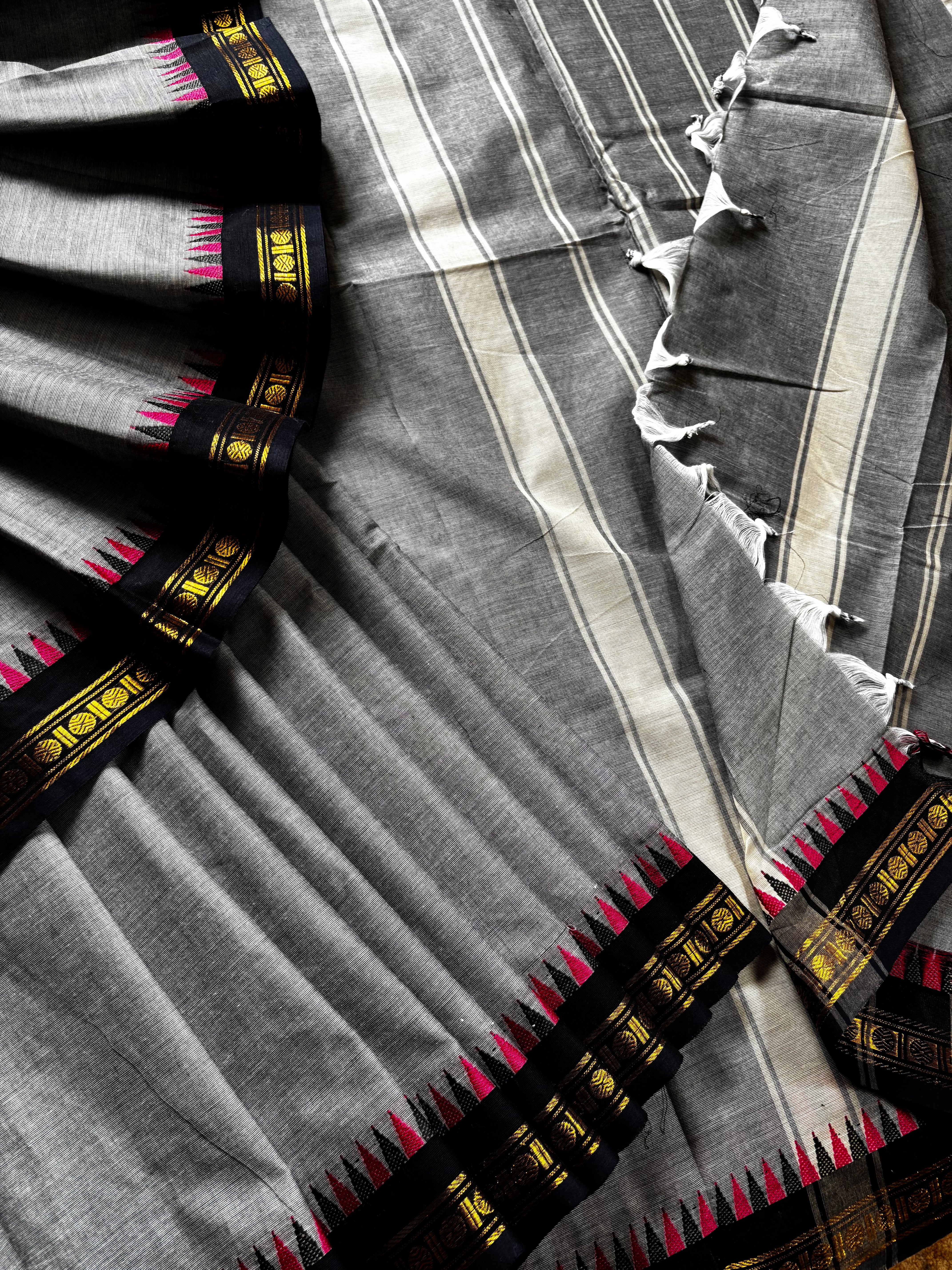 Pure Cotton Grey Black Kanchipuram Saree