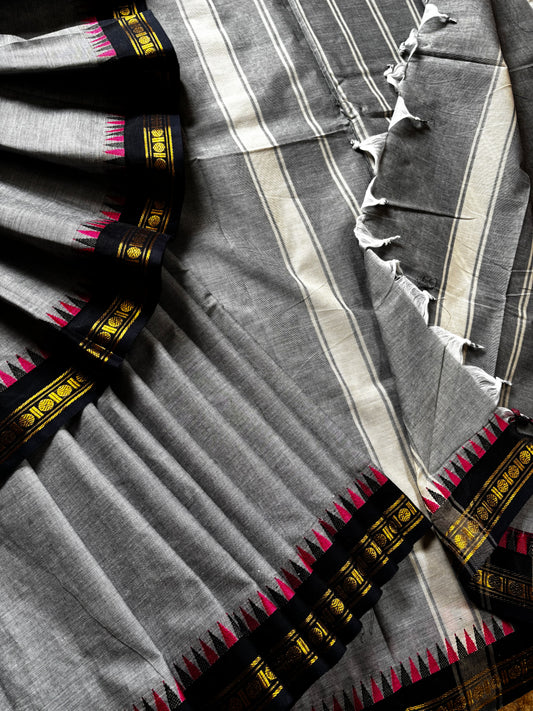 Pure Cotton Grey Black Kanchipuram Saree