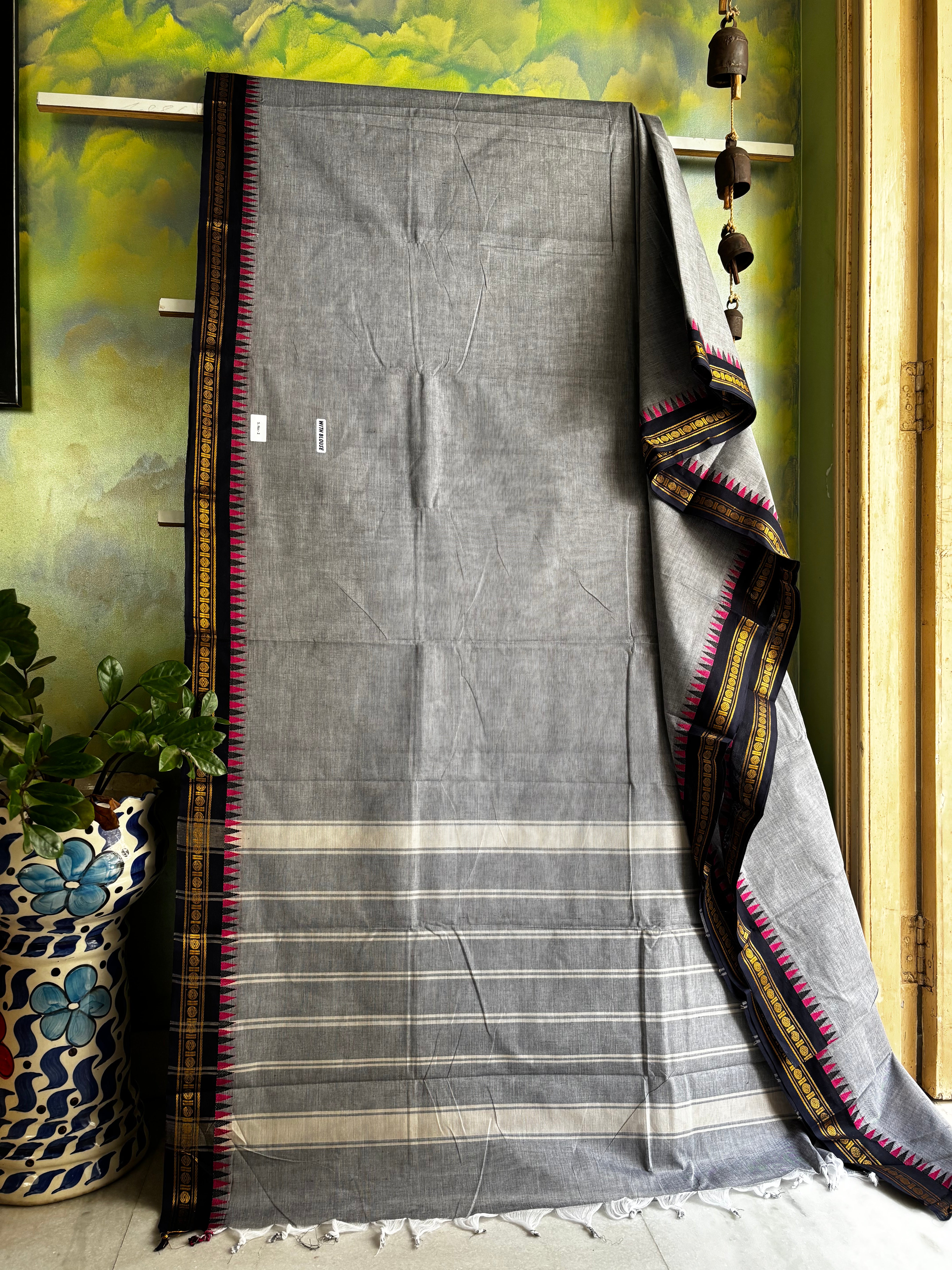 Pure Cotton Grey Black Kanchipuram Saree
