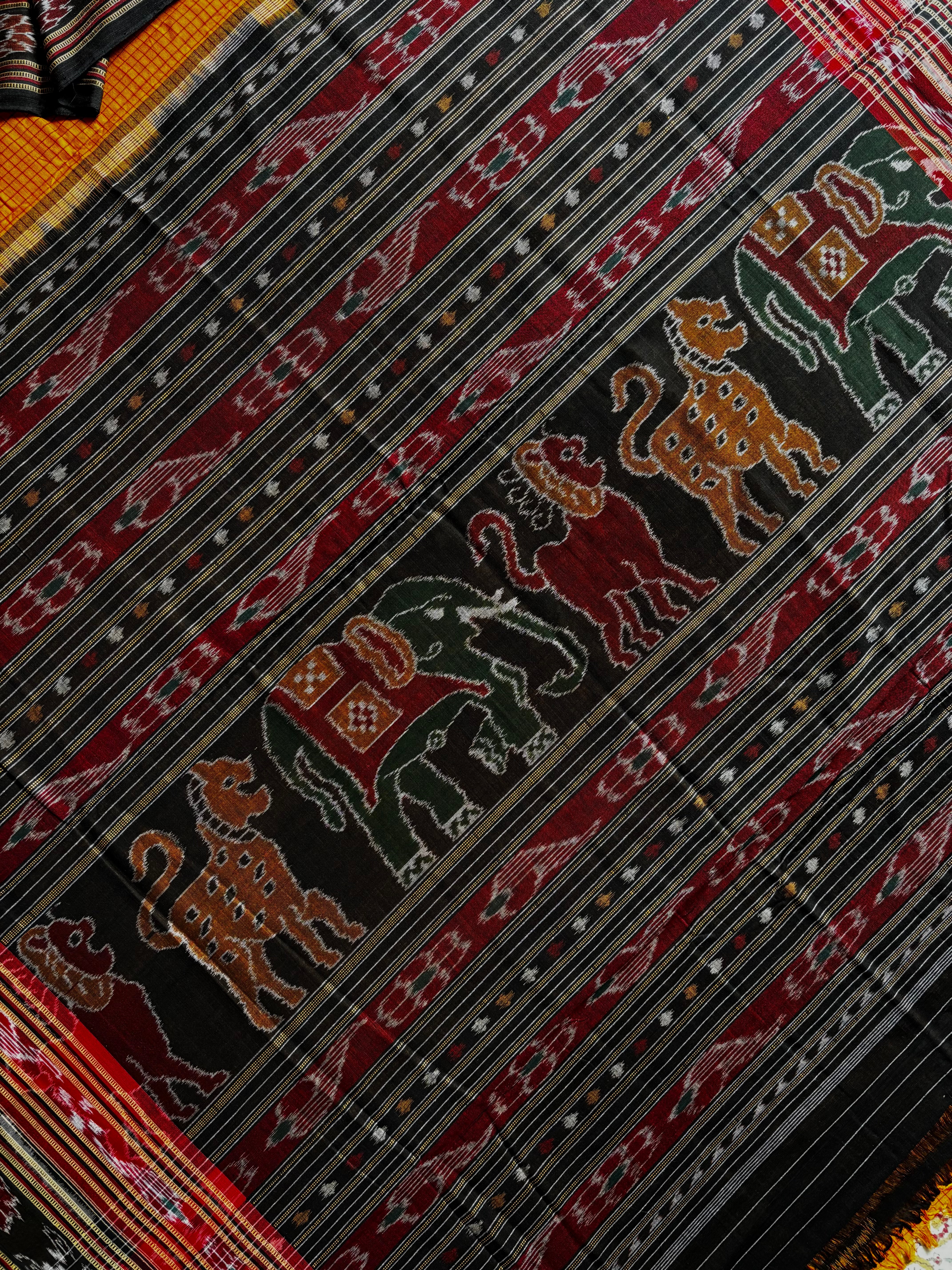 Handwoven Orangish Yellow Colour Cotton Sachipar Odisha Ikkat Saree